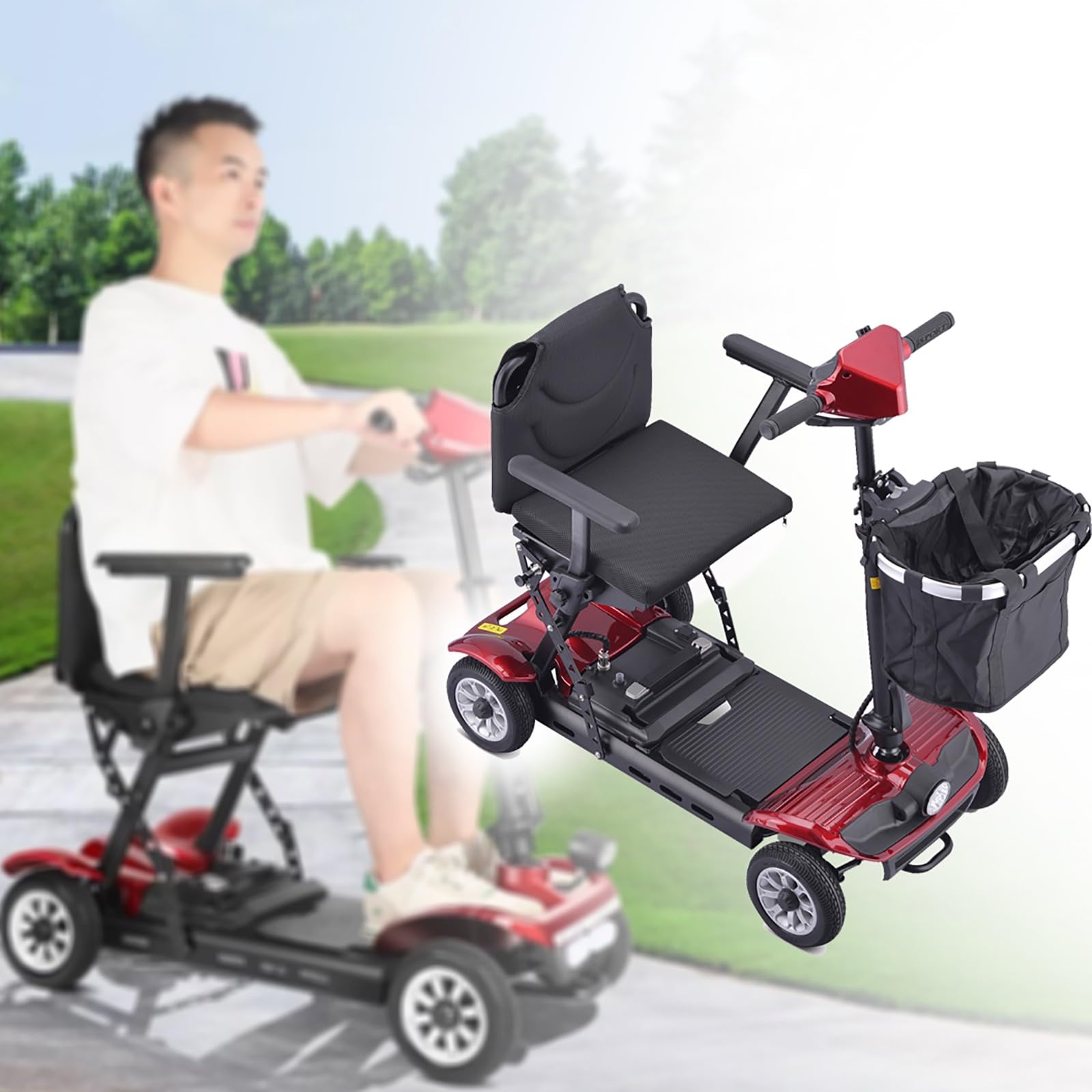 Scooters De Movilidad Para Adultos,Sillas De Ruedas Plegables Para Adultos Livianos,Scooter De Movilidad De 4 Ruedas,Con Cargador Y Canasta De Almacenamiento Red~10ah