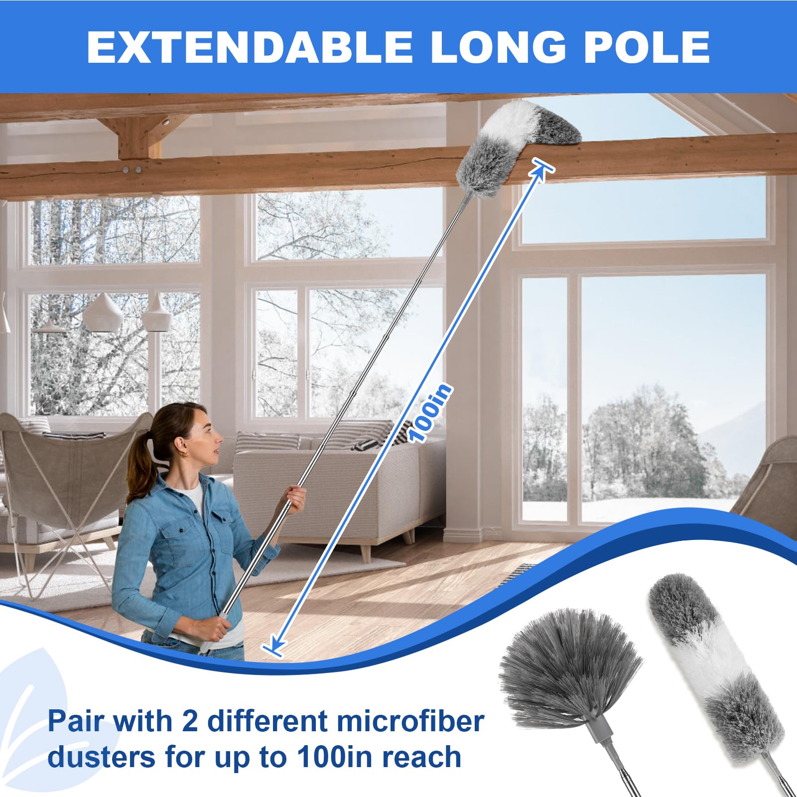 Plumero para limpieza, plumero de telaraña con poste de extensión, 3 piezas de limpiador de ventilador de techo, mango extendido, limpiador de persianas