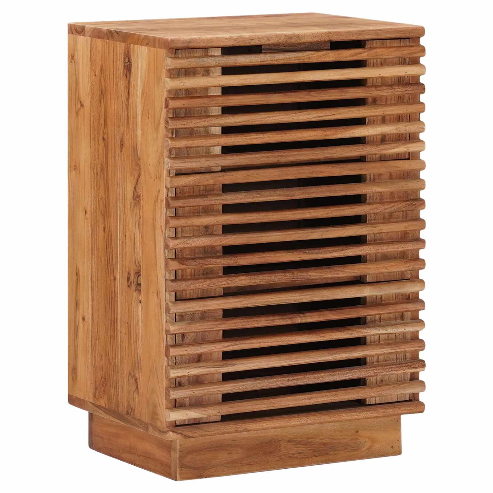 Table de chevet bois massif avec tiroirs lamelles, commode appoint marron teck pour petite chambre