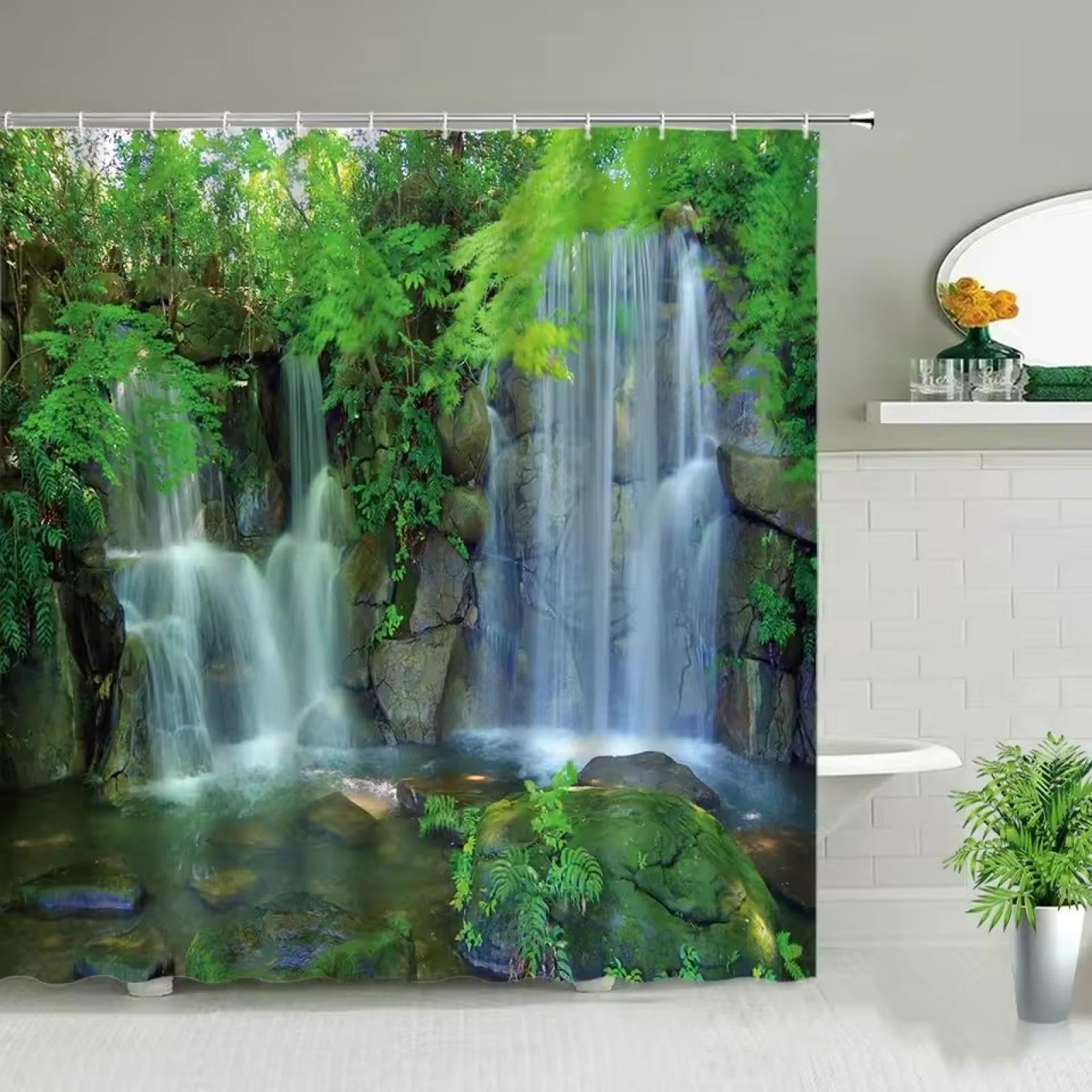 Rideau de douche imperméable 100x220cm pour stopper l'eau motif cascade forêt