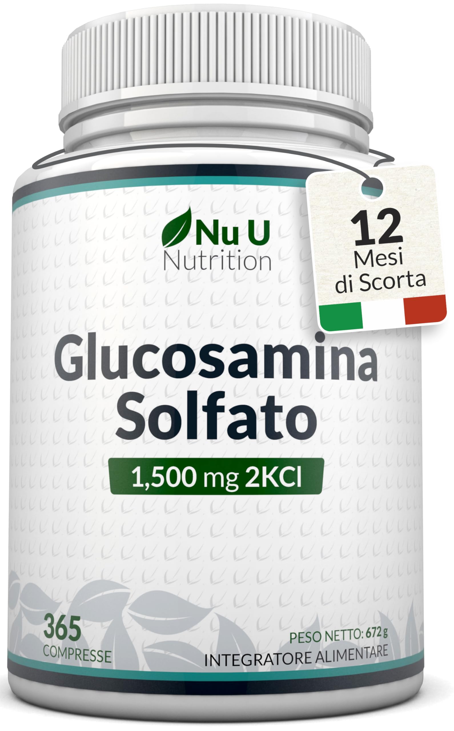 Glucosamina Solfato 1500 mg 2KCl Alto Dosaggio - 365 Compresse non Capsule - 1 Anno di Durata - Integratore per Articolazioni - Prodotto in Europa - Nu U Nutrition