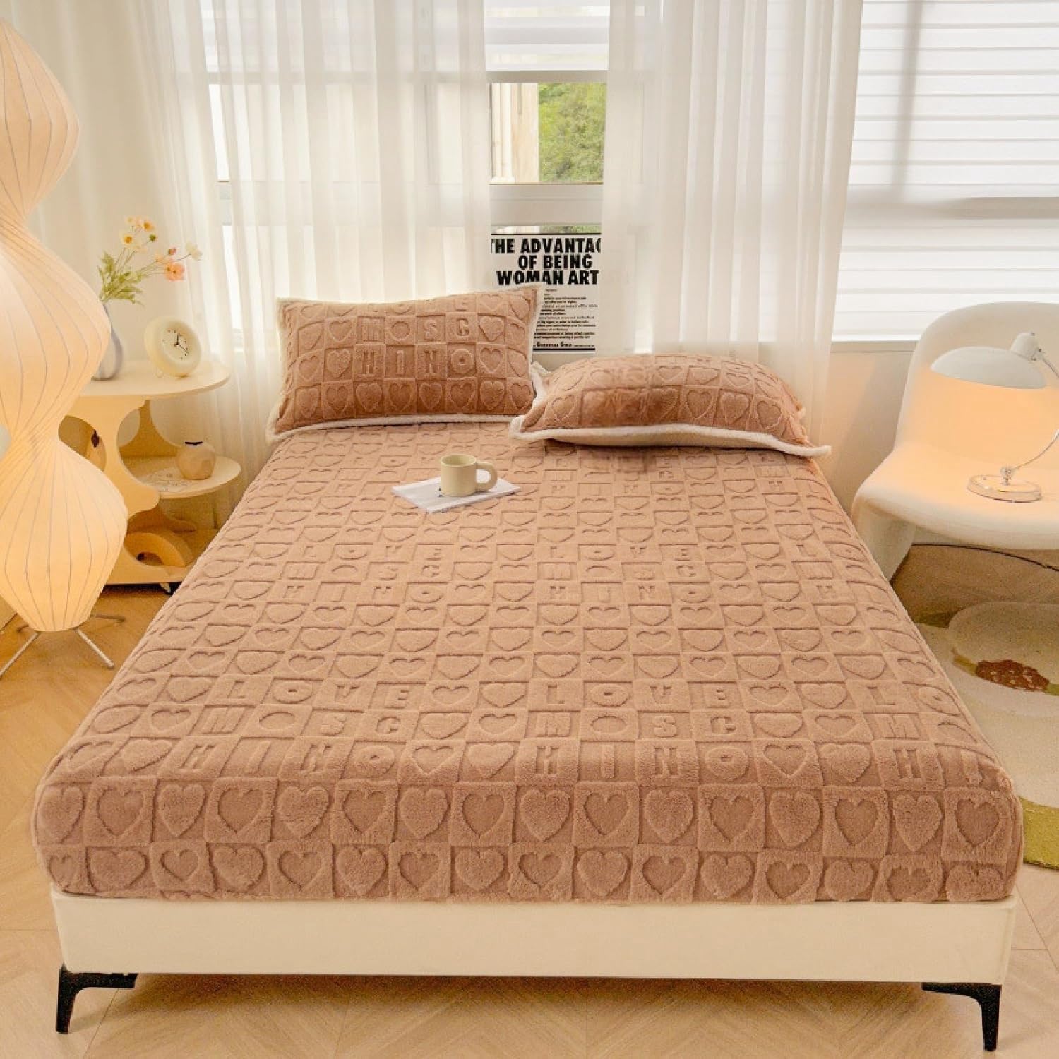 Soft Plush Jacquard Checkered Bed Fitted Sheets - Winter Warm Thickened Milk Velvet Solid Color Non-Slip Deep Pocket Bed Cover Skin-Friendly Flannel Mattress Protector (2*Pillowcases,Brown #1)