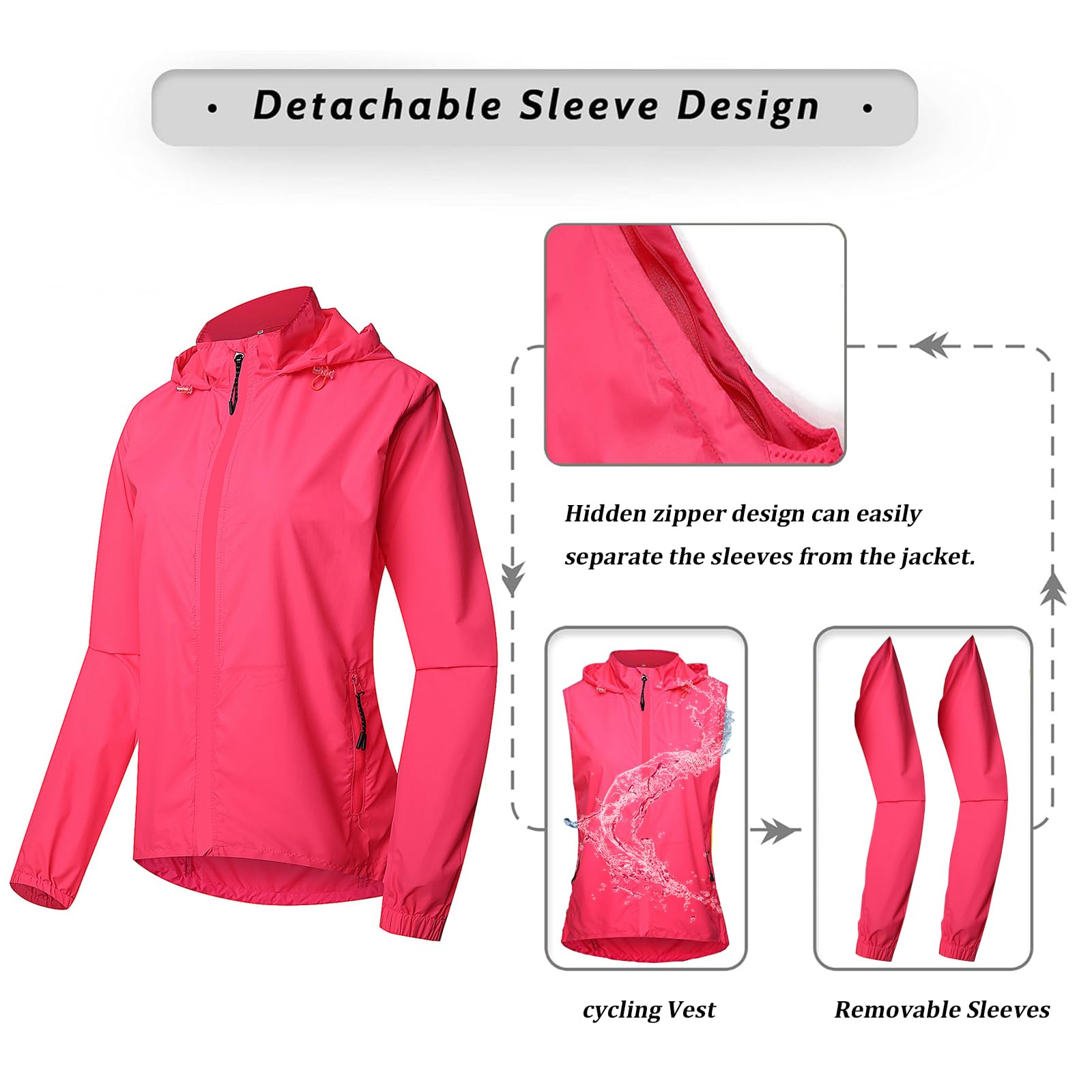Giacche Ciclismo Donna con Cappuccio, Antivento Impermeabile MTB Sportivo Abbigliamento Leggera Traspirante All'Aperto Ciclismo Giacca Asciugatura Rapida,Plum Red-S