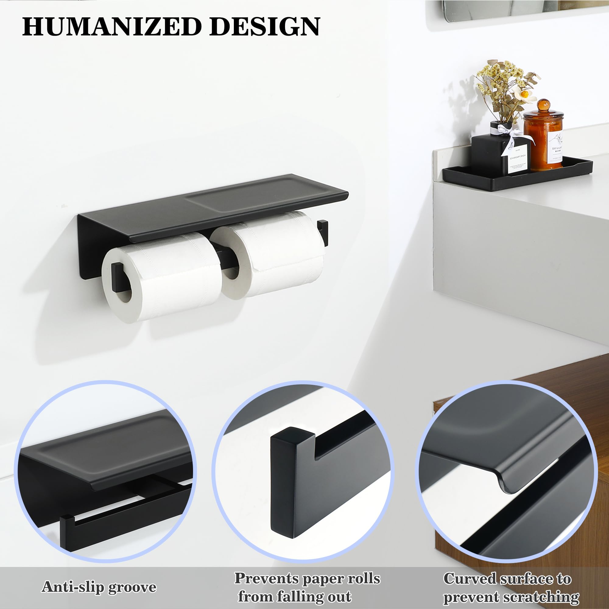 Alise GYT5002-B - Portarrollos de papel higiénico doble para baño con estante, dos instalación de autoadhesivo y perforación de pared, acabado negro mate