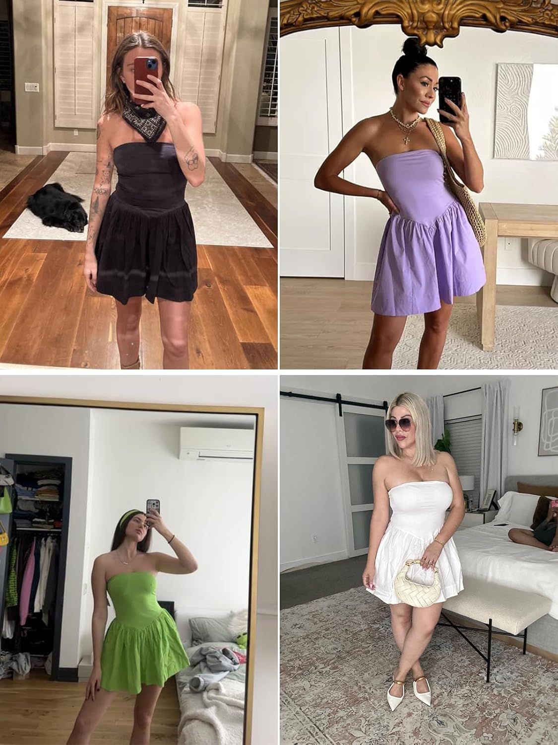 Summer Solid Strapless Mini Dress for Women Tube Top Dresses Patchwork Pleated Drop Waist Flared Beach Dress - Image 6