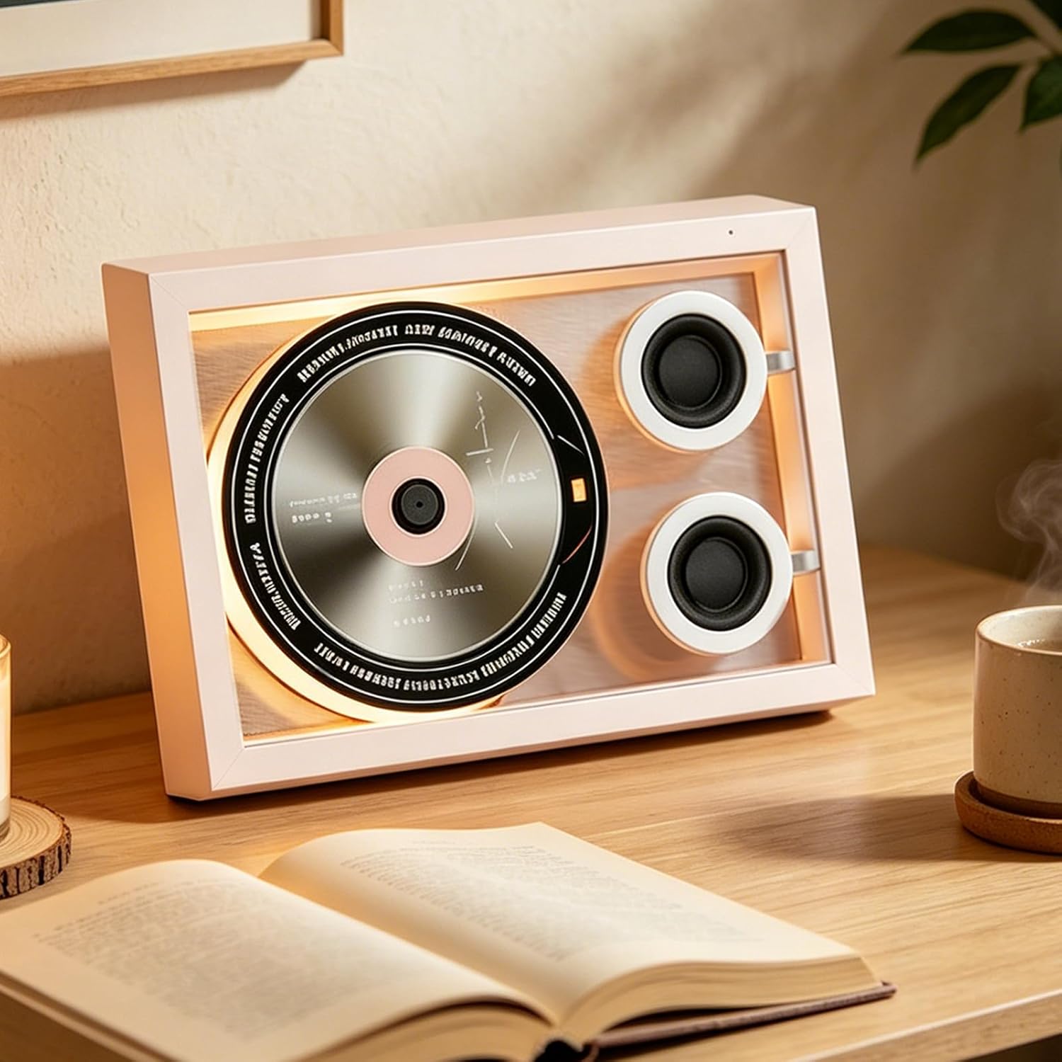 CD Player with Decorative Photo Frame Design, Built-in Speakers and Ambient Light, Compatible with CD, CD-R, CD-RW, MP3 and WMA, for Home, Office and Wall Mount Display White