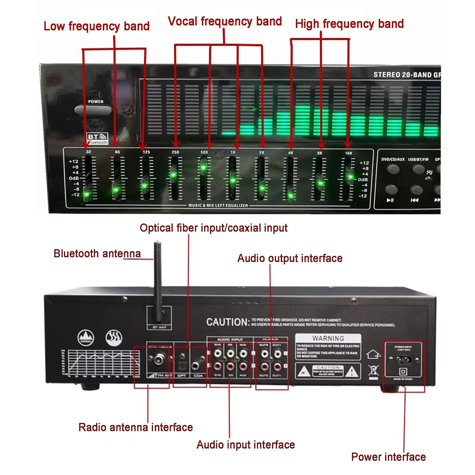 Equalizzatore digitale a 31 bande HiFi, Bluetooth 5.4, con riduzione del rumore, 12 modelli di ritmo, doppia sintonizzazione a 10 segmenti, per studio di registrazione