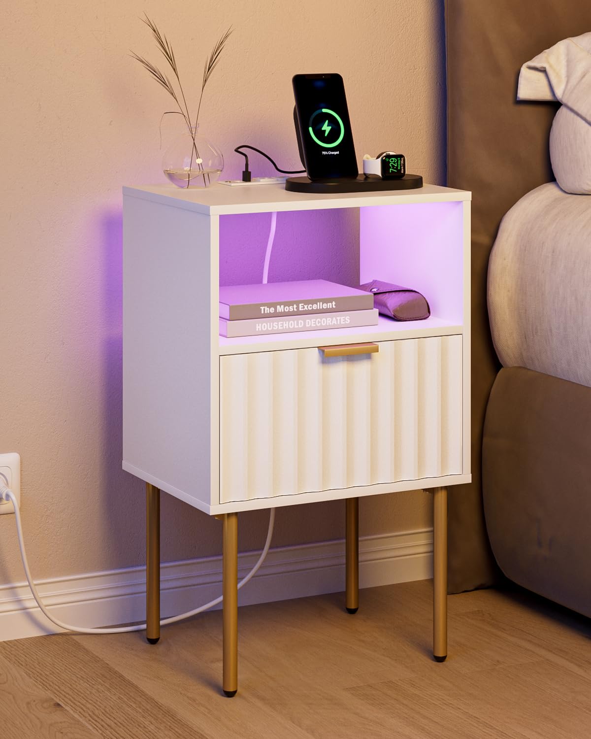 AEPOALUA Nightstand with Charging Station and LED Lights, Modern White Bedside Table with Fluted Panel Drawer and Gold Legs, Side Table with USB Ports