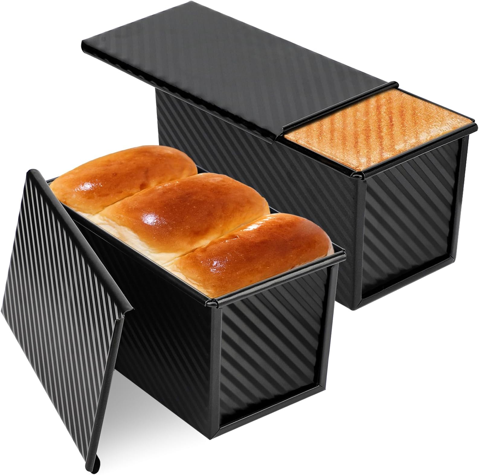 Suice Loaf Pans with Lids 2 Pack, 8.5"x4.7"x4.3" Non-Stick Pullman Loaf Pans for Baking Bread, Carbon Steel Sandwich Bread Pans Toast Box Mold with Cover for Bakeware Homemade Baking Tools - Balck