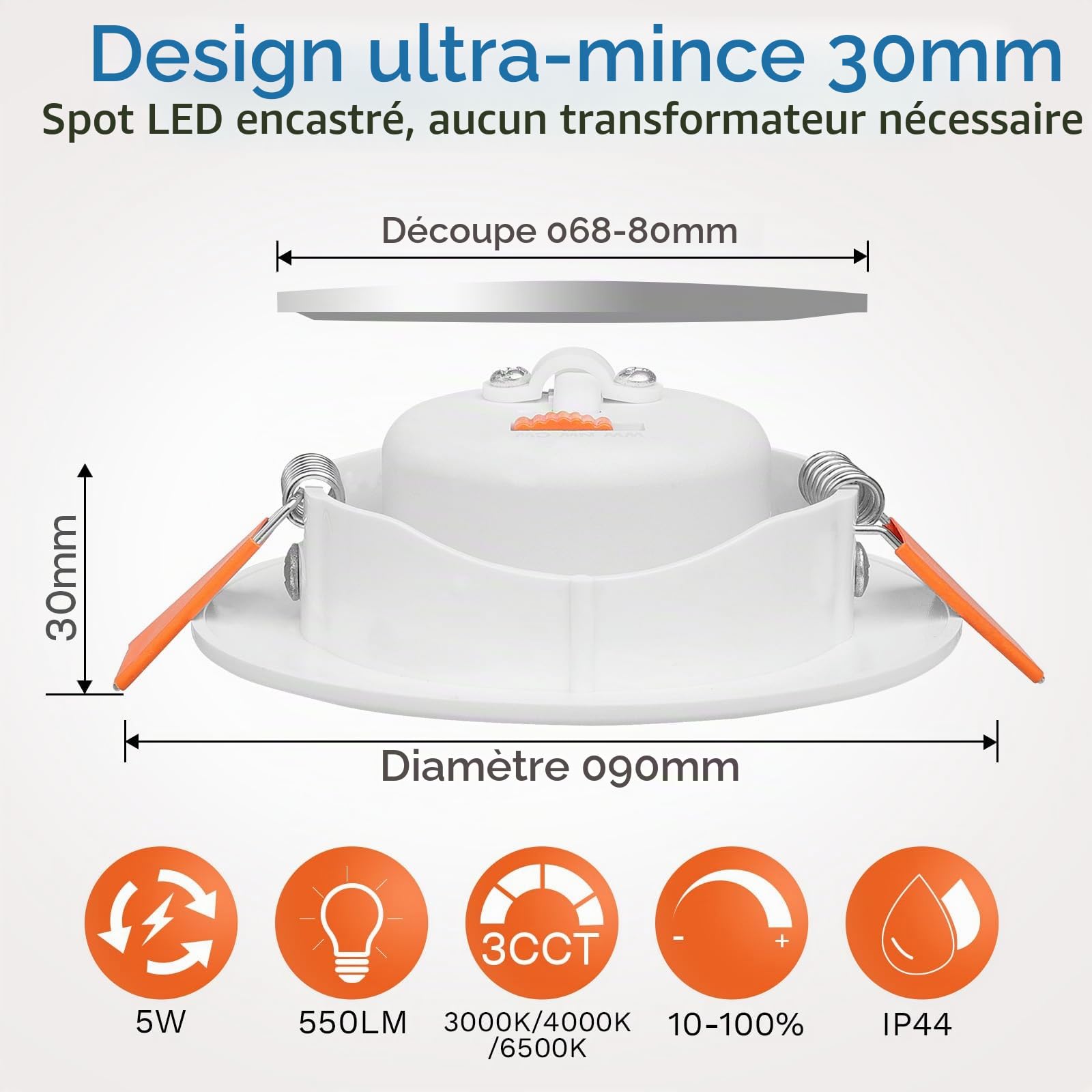 Spot LED Encastrable Blanc Dimmable Extra Plat 5W Spot LED 220V Blanc Chaud 3000K Blanc Neutre 4000K Blanc Froid 6000K Éclairage Encastré 68mm,Orientable Spots de Plafond de Salle de Bain,Lot de 6