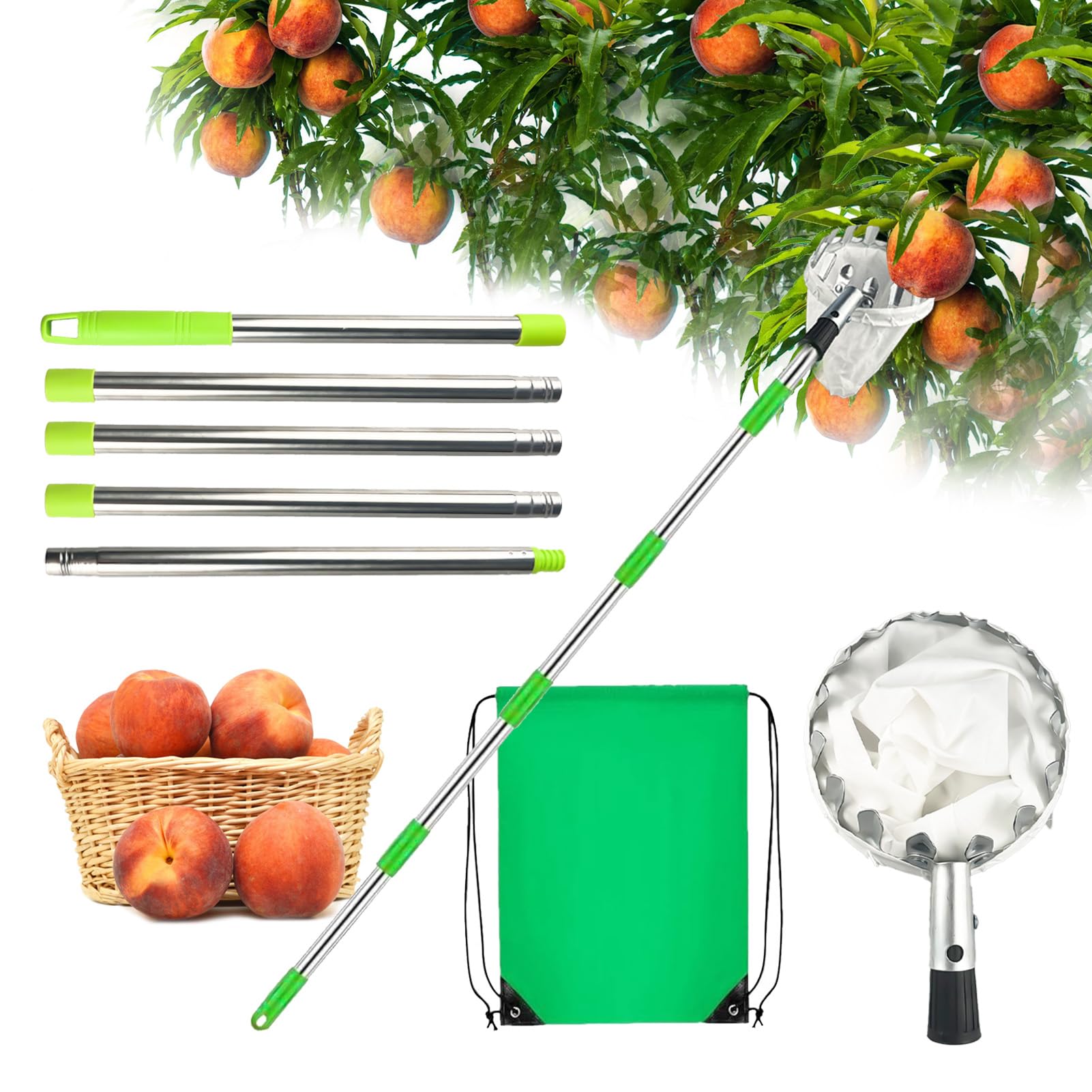 Raccogli Frutta Telescopico 2.2m Raccoglifrutta Raccogli Frutta con Manico Telescopico per Raccogliere Mele Ciliegie Pere Pesche con Sacchetto di Cotone Ø16 cm.