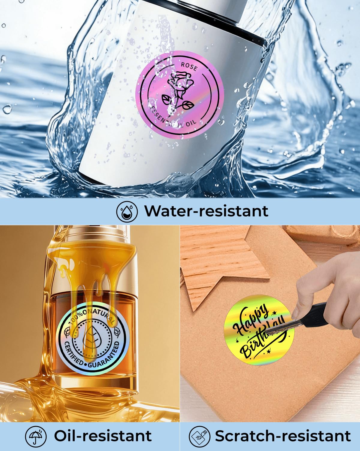 QUASON Okrągłe holograficzne etykiety termiczne 5 cm, wodoodporne, wzór tęczowej fali i brokatu, do ceny/imienia, kodu kreskowego, niestandardowego projektu logo, bez BPA, 360 etykiet, 3 rolki