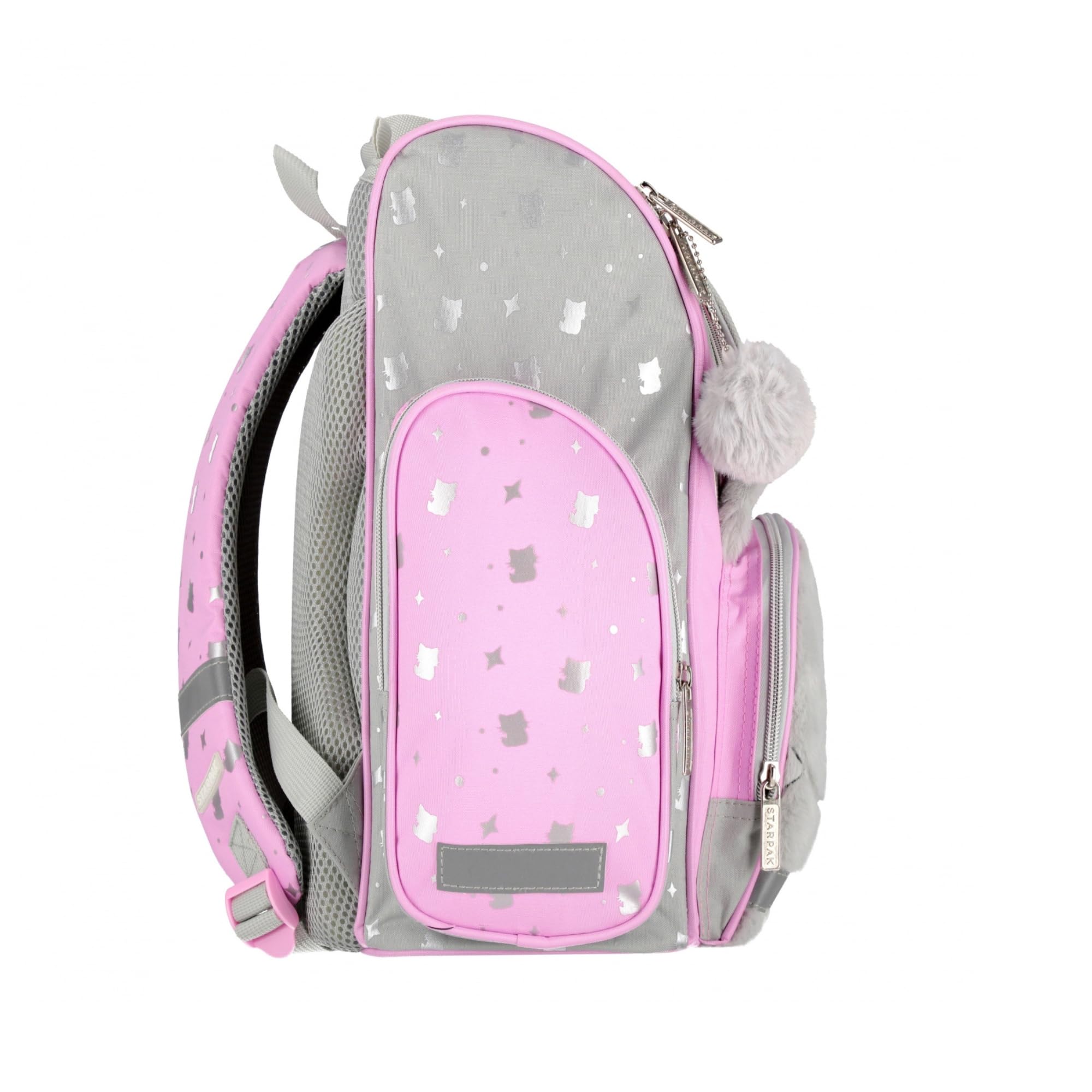 Goldkids - Schulranzen für Jungen und Mädchen, 4er-Set - Schul-Rucksack für Kinder mit Federmäppchen - Schuhbeutel und Hausaufgabenheft - Katze Motiv - 1-3 Klasse
