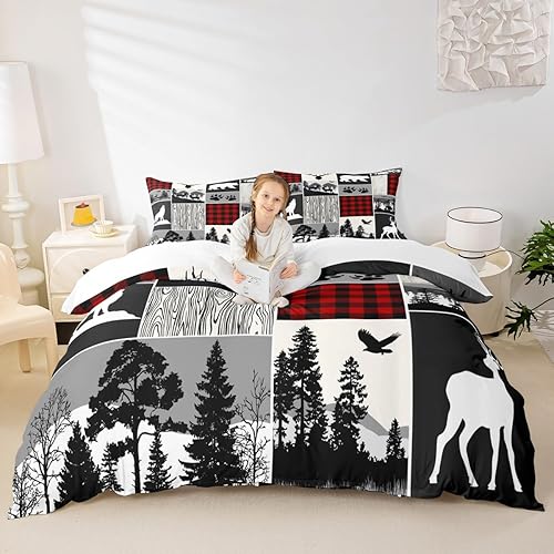 Miniatura 39 de Juego de funda de edredón para niños de aventura de camping, tamaño matrimonial, juego de ropa de cama de caza de ciervos, osos, lobo, animales