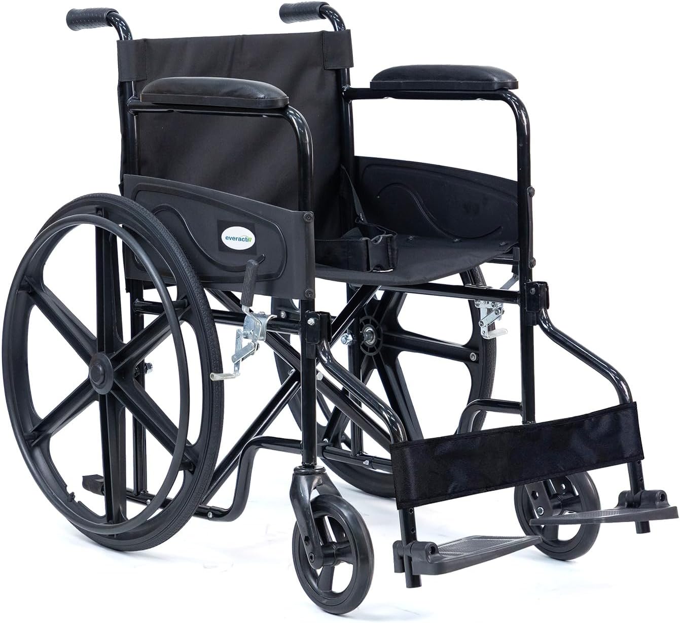 EverActiv Economy Foldable Wheelchair for Old People & Patients comes with 1-Year Warranty | Heavy-Duty Carbon Steel Frame with strong Crossbar support | Extra-Wide 50 cm padded Seat | 120 kg Capacity | Safety Belt & Hand Brakes | Black
