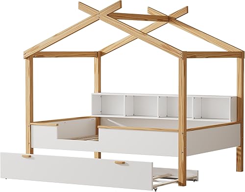 Miniatura 38 de Cama de casa de tamaño individual con 2 cajones, marco de cama de madera y barandilla de seguridad. Ahorra espacio, ideal para el dormitorio de un