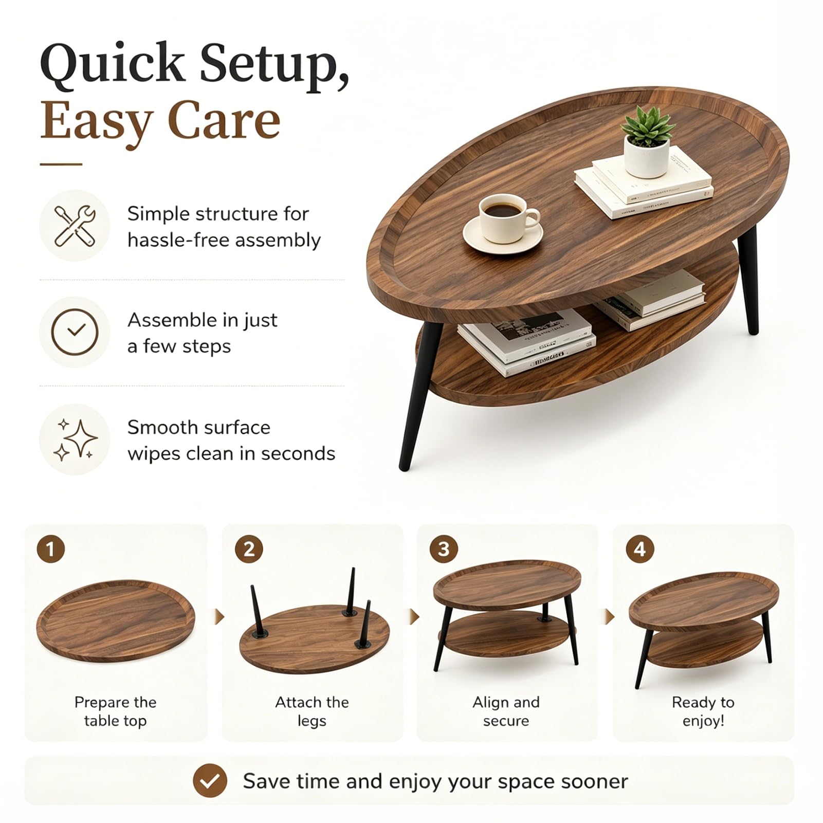 Table Basse Ovale Bois, Table Salon Basse Moderne Scandinave, Tables de Salon avec avec étagère 2 Niveaux, Tables Basses de Salon pour Salle de Séjour Chambre Bureau 100cm*55cm*38cm (Noyer)