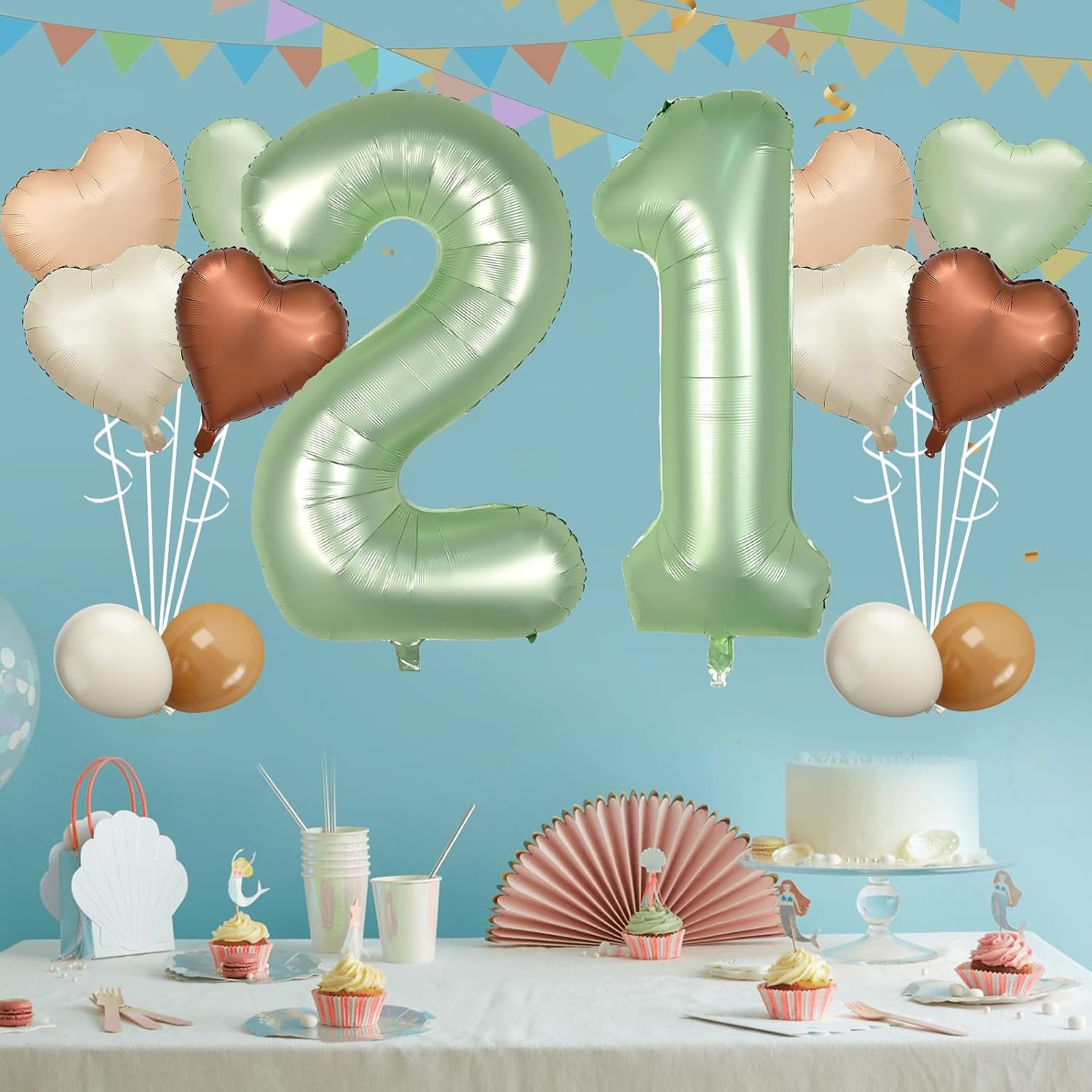 Biapian 40 Inch Sage Green Number 21 Balloons, Large Foil Number 2 & 1 Balloons with 18'' Olive Green Heart Balloon for 21st Year Old Birthday Decorations Men Women Anniversary Jungle Party Supplies image 5