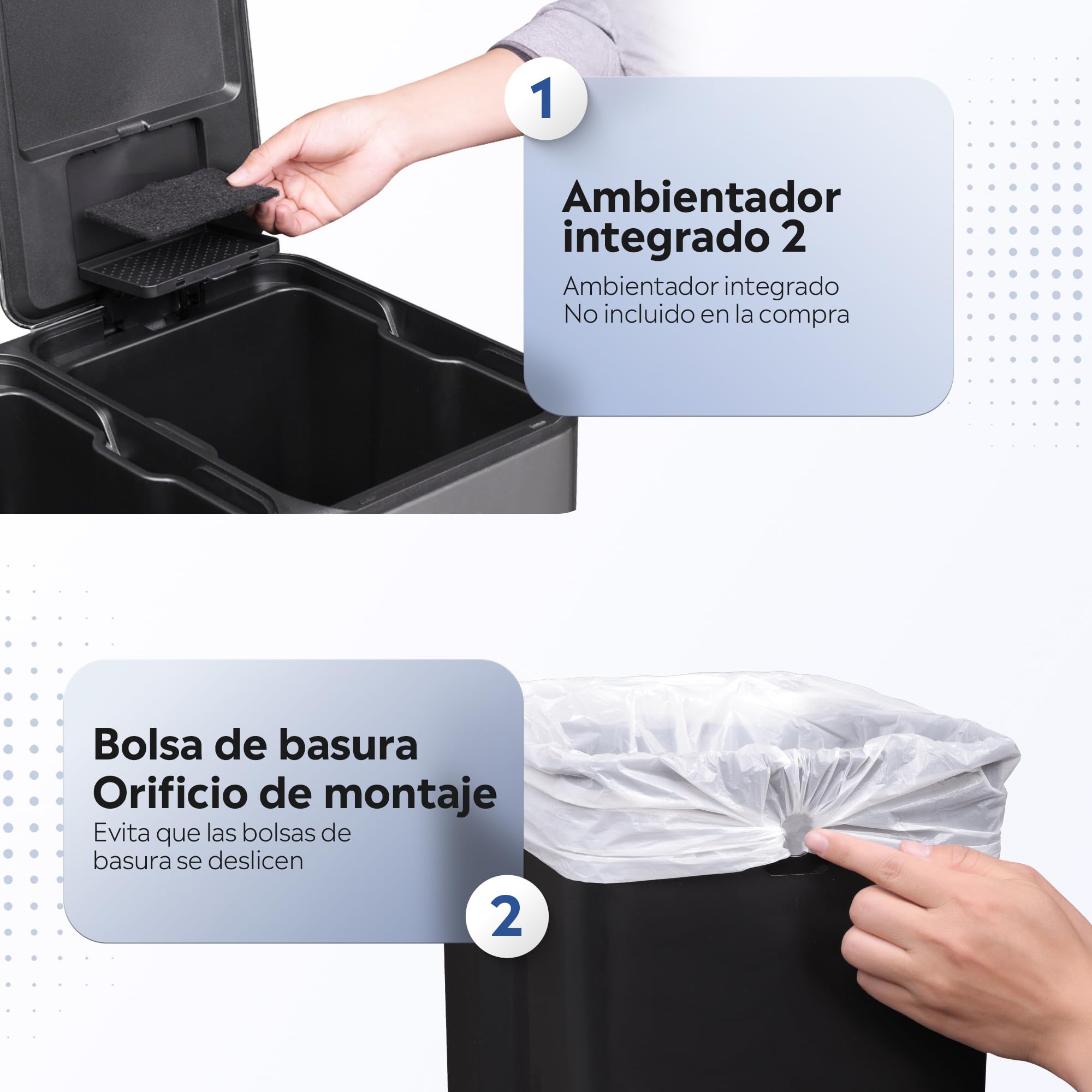WLIVE Cubo de Basura 2 x 30L (60L en Total), Cubo de Basura para Cocina, Sistema de Reciclaje de Acero Inoxidable con 2 Compartimentos, Cubos Interiores de Plástico,Tapa Soft-Close,Plateado