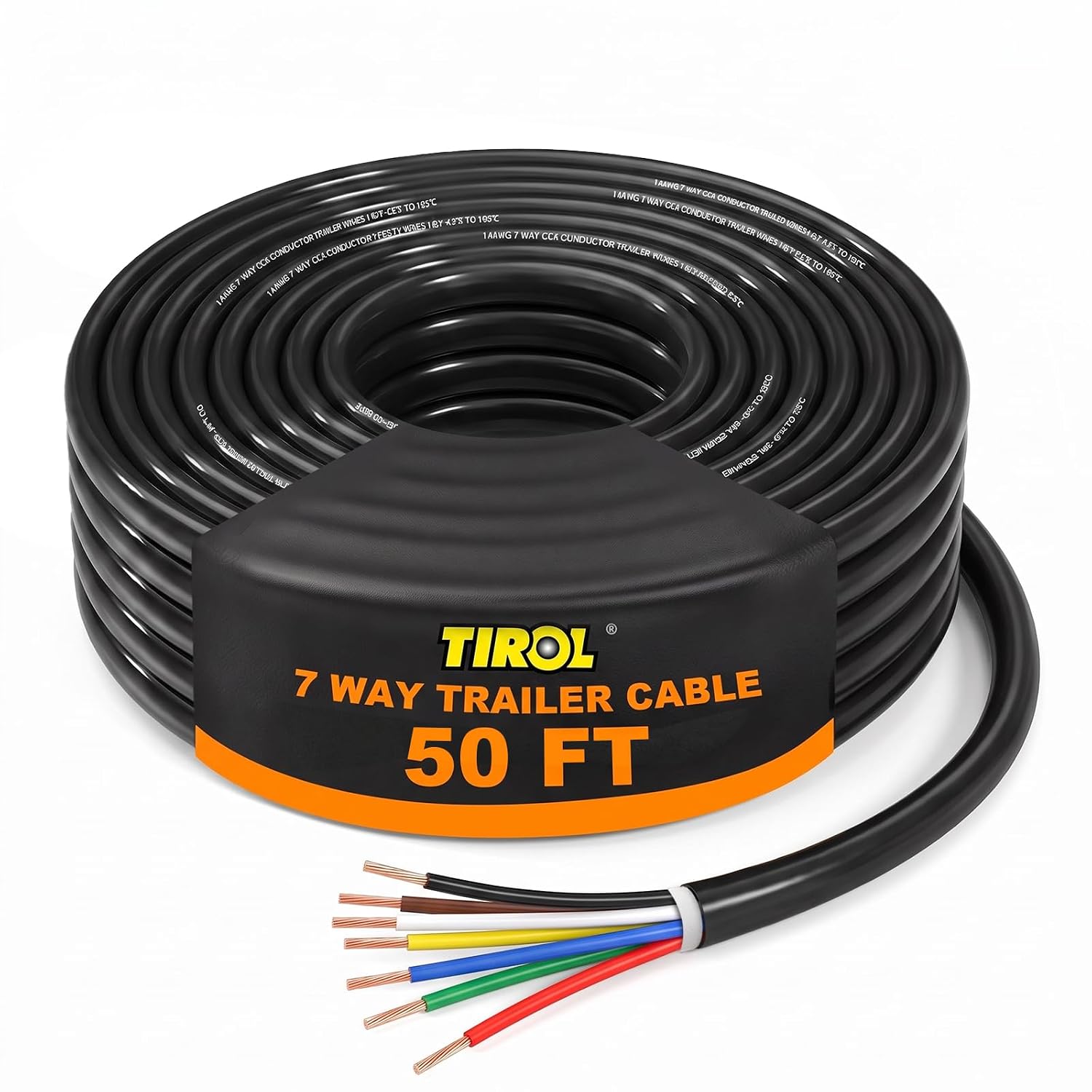TIROL 50 FT 7 Way Trailer Wire 14 Gauge 7 Conductor 32% Copper CCA