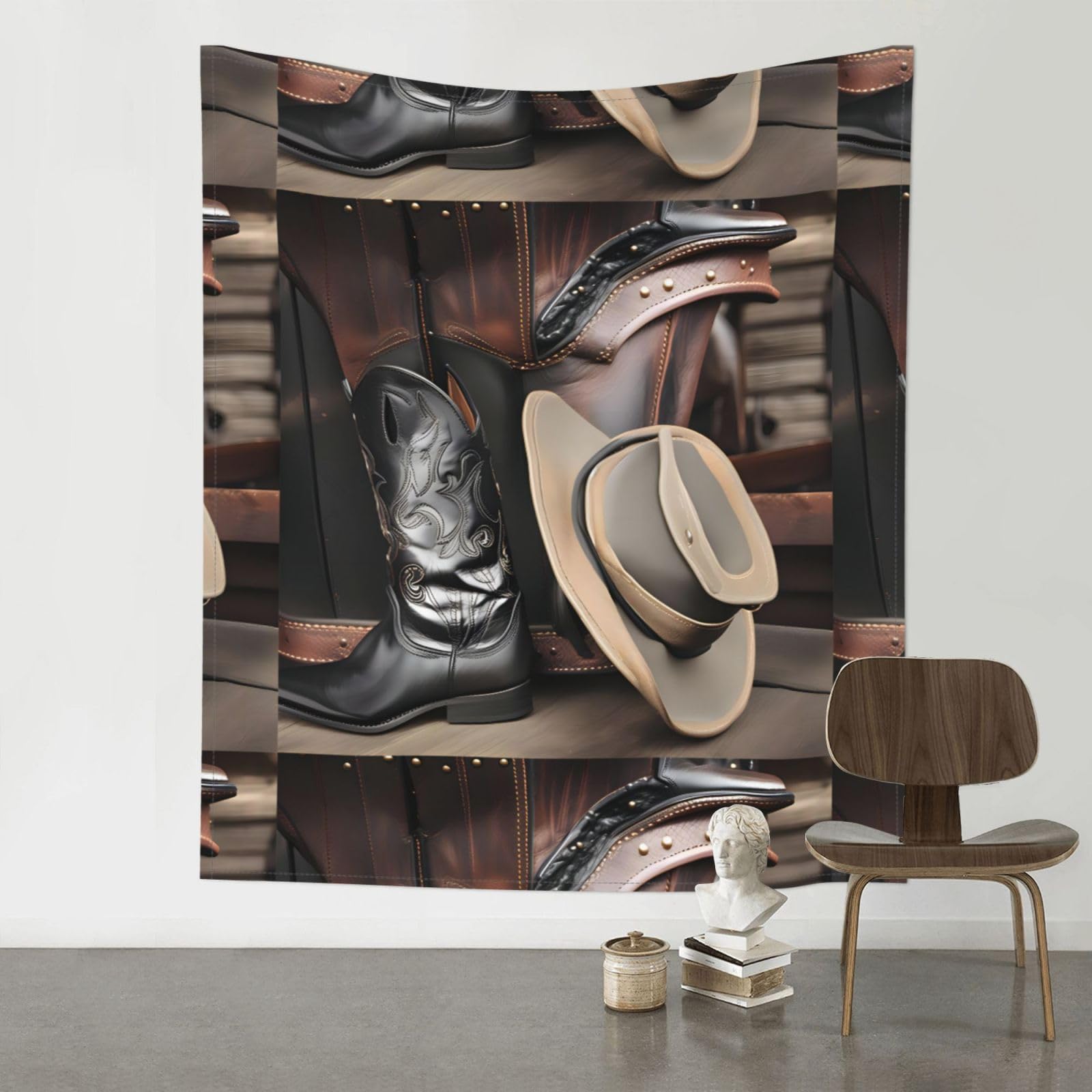 YYHWHJDE Cowboy Black Hat Western Boots Prints 60x51in Wall Tapestry – High-Grade Polyester Throw for Dorm, Beach & Home Decor
