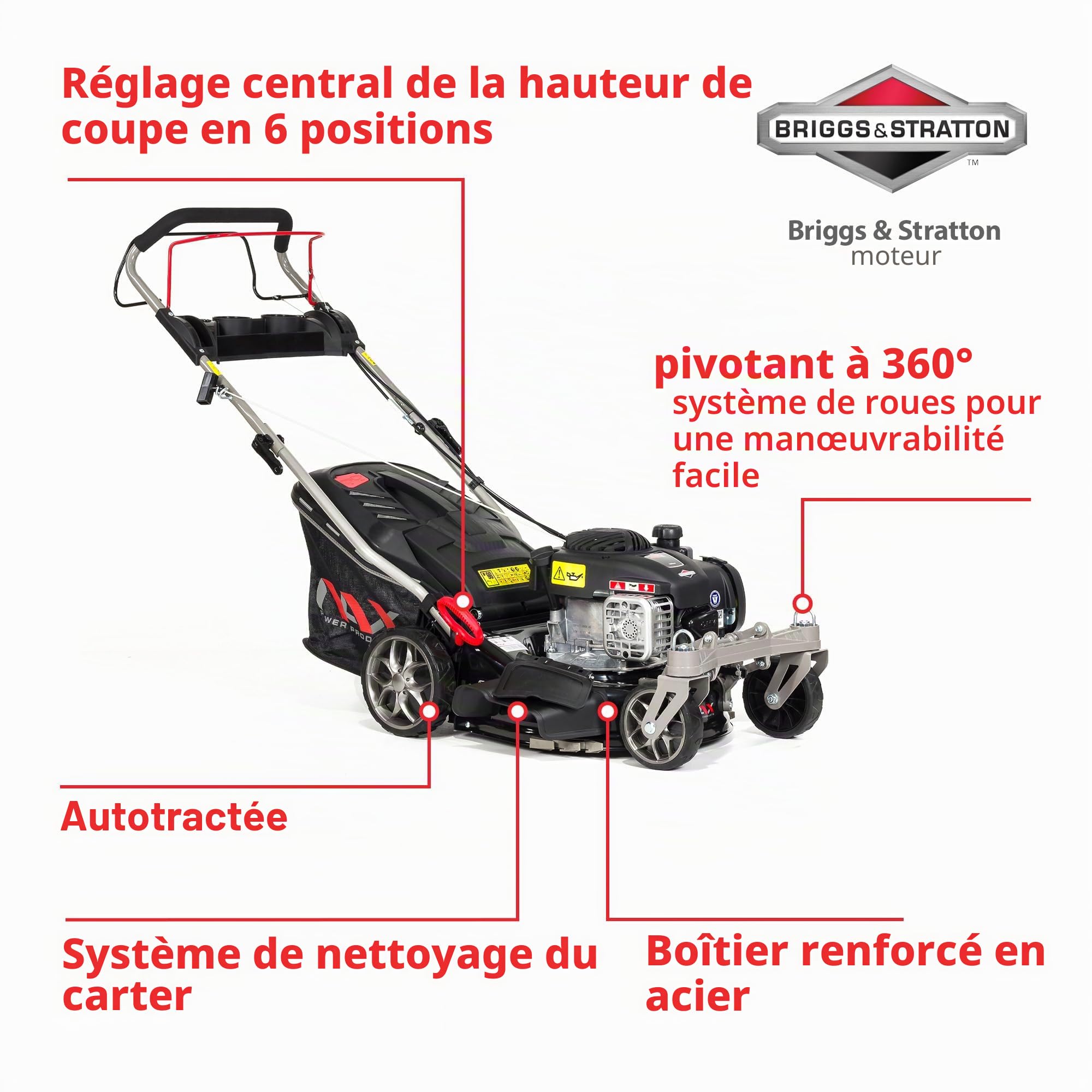 NAX POWER PRODUCTS 1000S moteur Briggs & Stratton série 450E 125 cm3 largeur de coupe 42 cm panier 45l système de lavage du boîtier tondeuse thermique avec entraînement