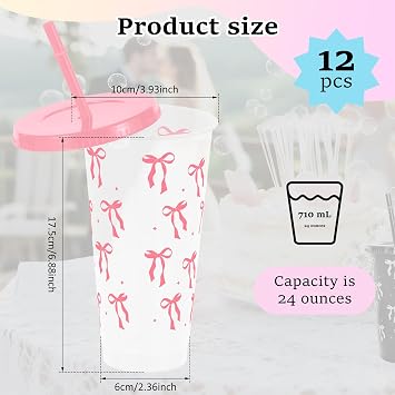 12 Pcs Plastic Bow Cups with Lids and Straws,24 oz Tumbler Cup for Iced Coffee Tea and Smoothie,Reusable Drinking Cups for Birthday Wedding Baby Shower Bridal Party(Pink Transparent)