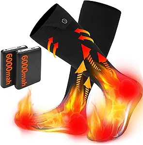Electric Heated Socks for Men Women with 5V 6000mah Battery Foot Warmer 360° Toe Heating Electric Socks with 4 Levels Heat Settings Suitable for Outdoor Skiing, Winter Camping, Hiking