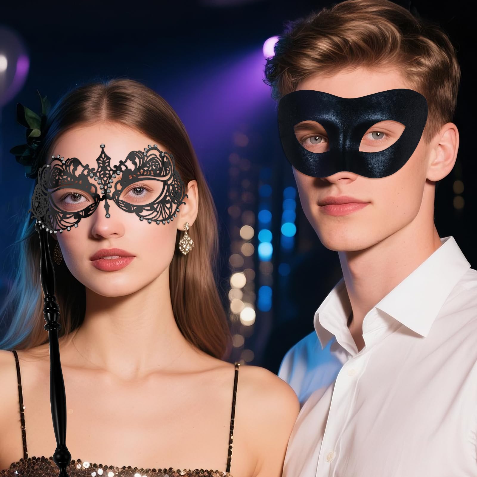 Oidea Masquerade Mask with Stick for Couples: Luxury Rhinestones Party Mask for Women Men Mardi Gras Venetian Carnival Masks Set Halloween Costume Accessory - Image 2