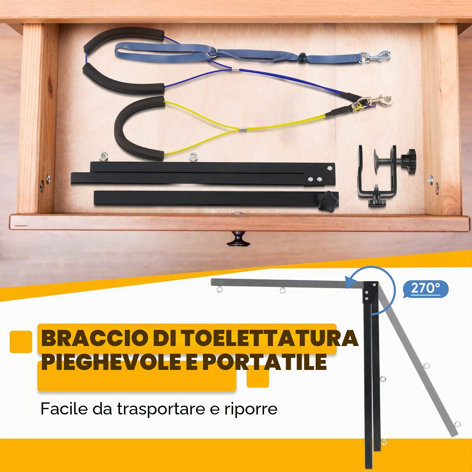 Braccio Regolabile per la toelettatura del Cane con Potente Morsetto in Metallo Antiscivolo, Braccio Portatile per la toelettatura degli Animali Domestici con 1 Cappio ad Anello e Due Supporti Senza