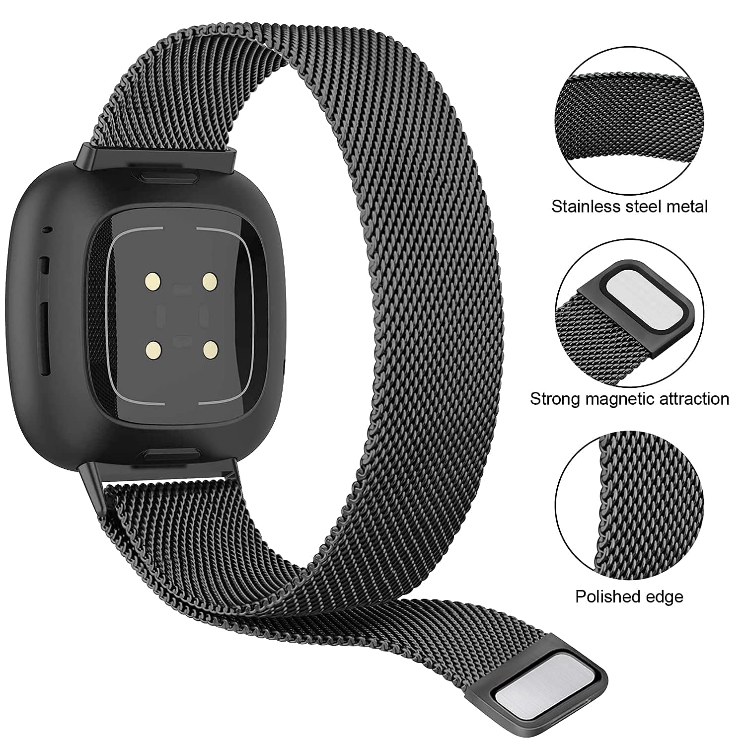 Bracelet en métal compatible avec Fitbit Versa 3/Versa 4/Fitbit Sense/Sense 2 pour homme et femme - Maille en acier inoxydable respirante avec fermeture magnétique réglable