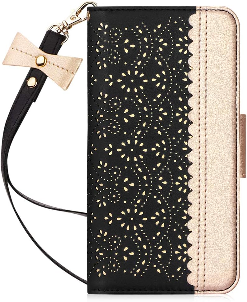 WWW Wallet Case for iPhone SE 2022,iPhone SE 2020 Case,iPhone 7 Case,iPhone 8 Case,[Carved Flower] Leather Case with [Card Holder] [Makeup Mirror] [Kickstand] for iPhone 7/8/SE2/SE3 (4.7''),Black