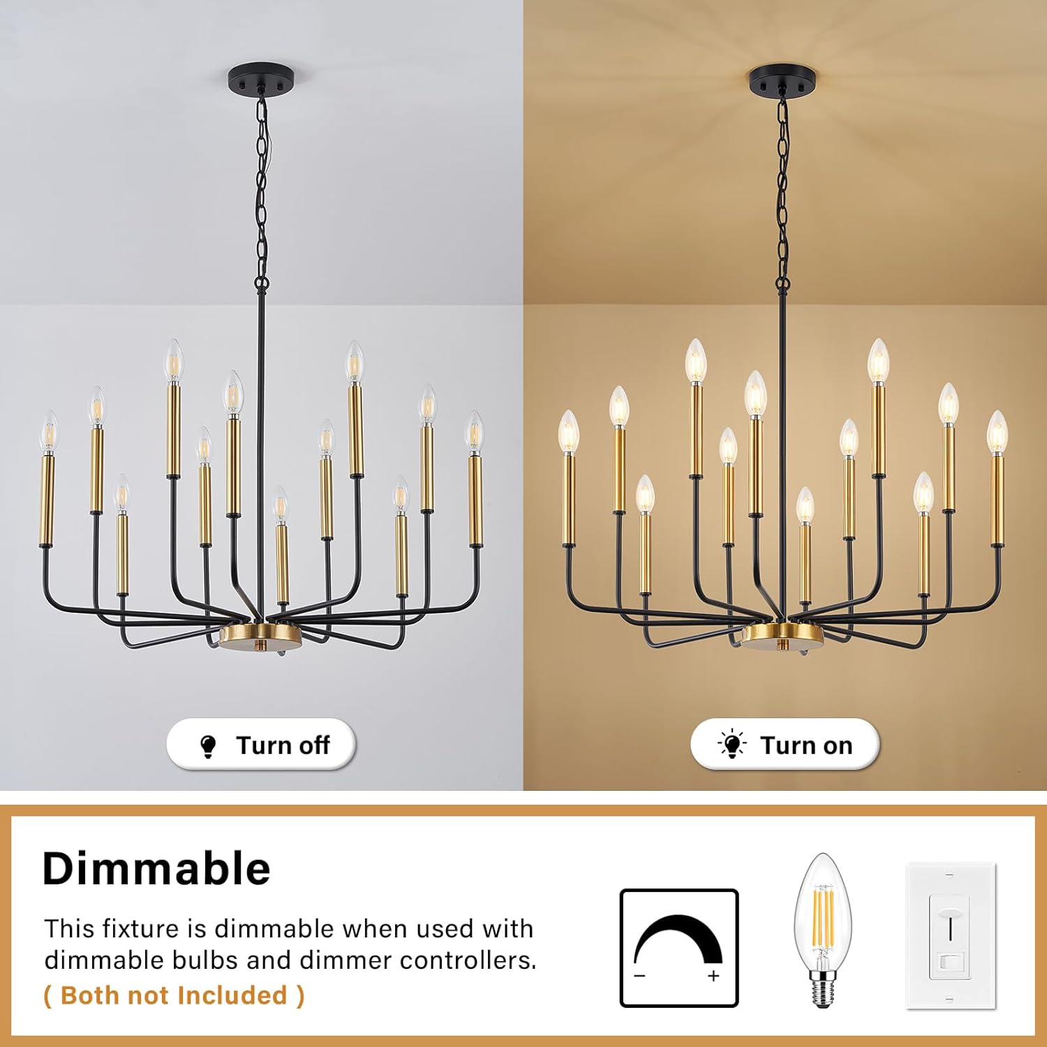 12-Light Black and Gold Chandelier, Modern Farmhouse Chandelier for Dining Room Hanging Lighting Fixture, Metal Candle Chandelier with Chain for Living Room, Kitchen, Entryway, Foyer, Stairs