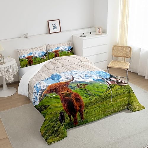 Miniatura 4 de Erosebridal Juego de edredón rústico de cuernos largos tamaño individual, ropa de cama de molino de viento de vaca, animales de granja, vacas de las