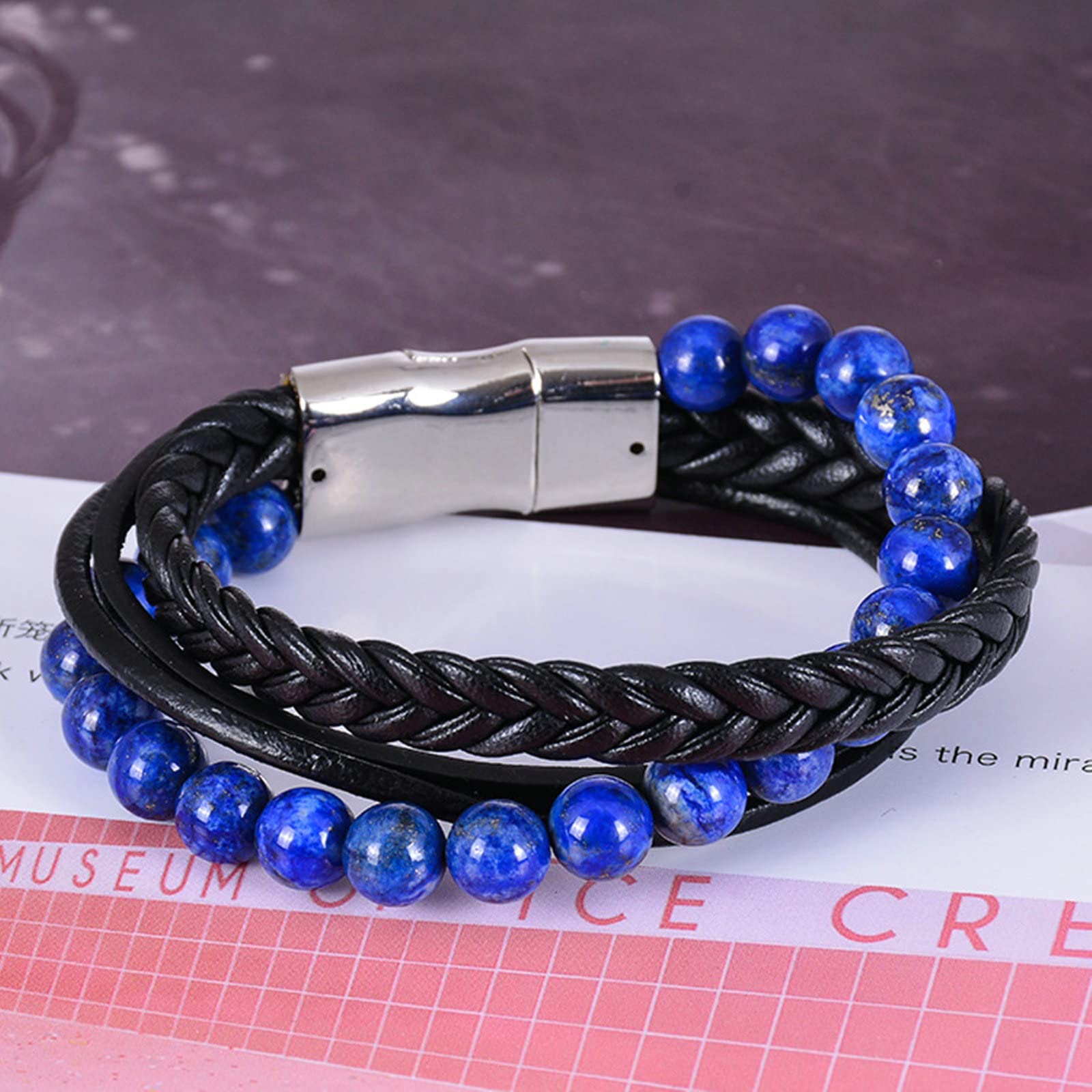Perlenarmbänder für Herren, mehrschichtiges geflochtenes Steinarmband aus Leder, Gothic-Armband für Herren, 21 cm