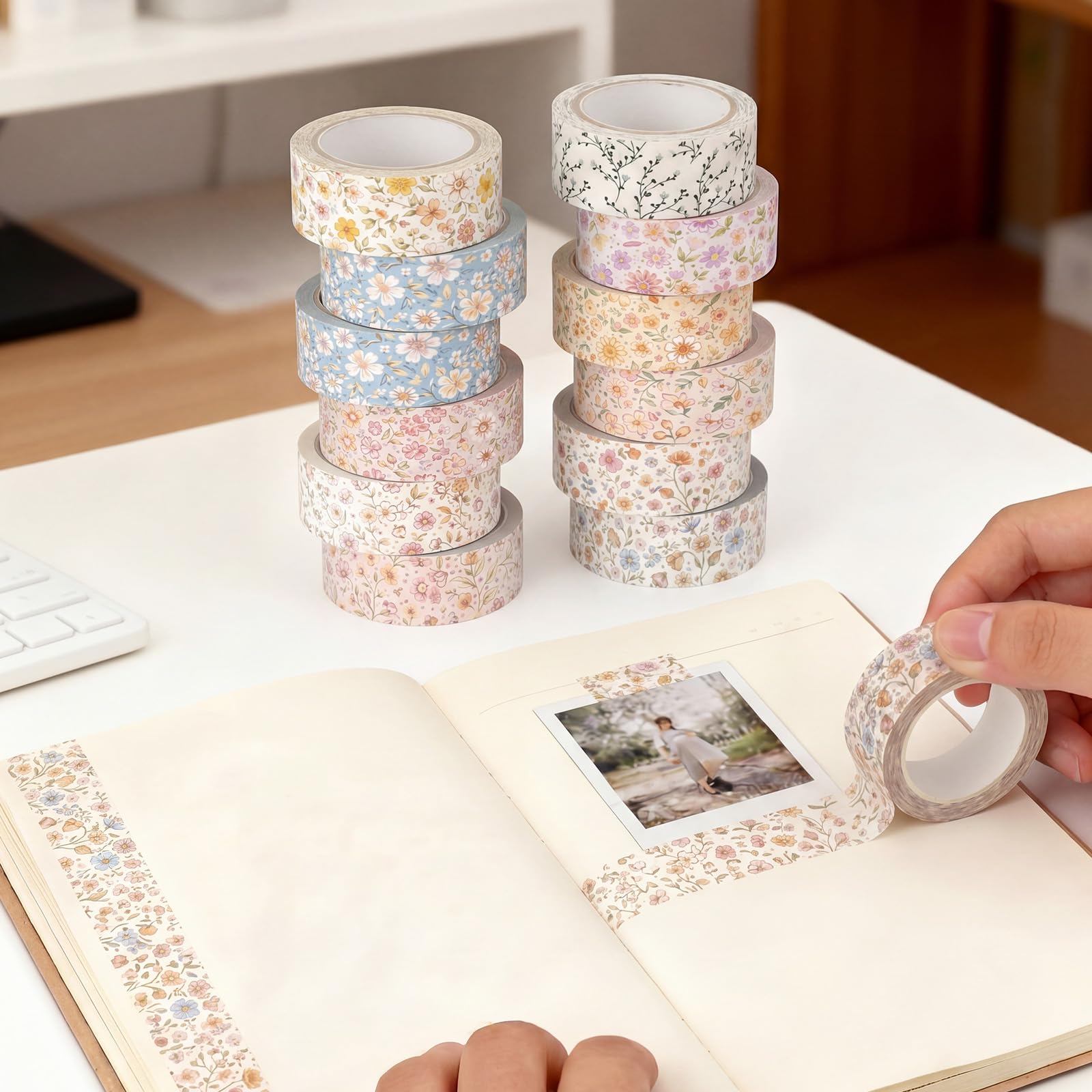 Washi-Klebeband-Set mit Aquarell-Blumenmuster, 15 mm, Vintage-Blume, dekoratives Abdeckband für Schulanfang, Kunst, Basteln, Scrapbooking, Tagebuch, Geschenke, Vintage, kleine Blumen, 12
