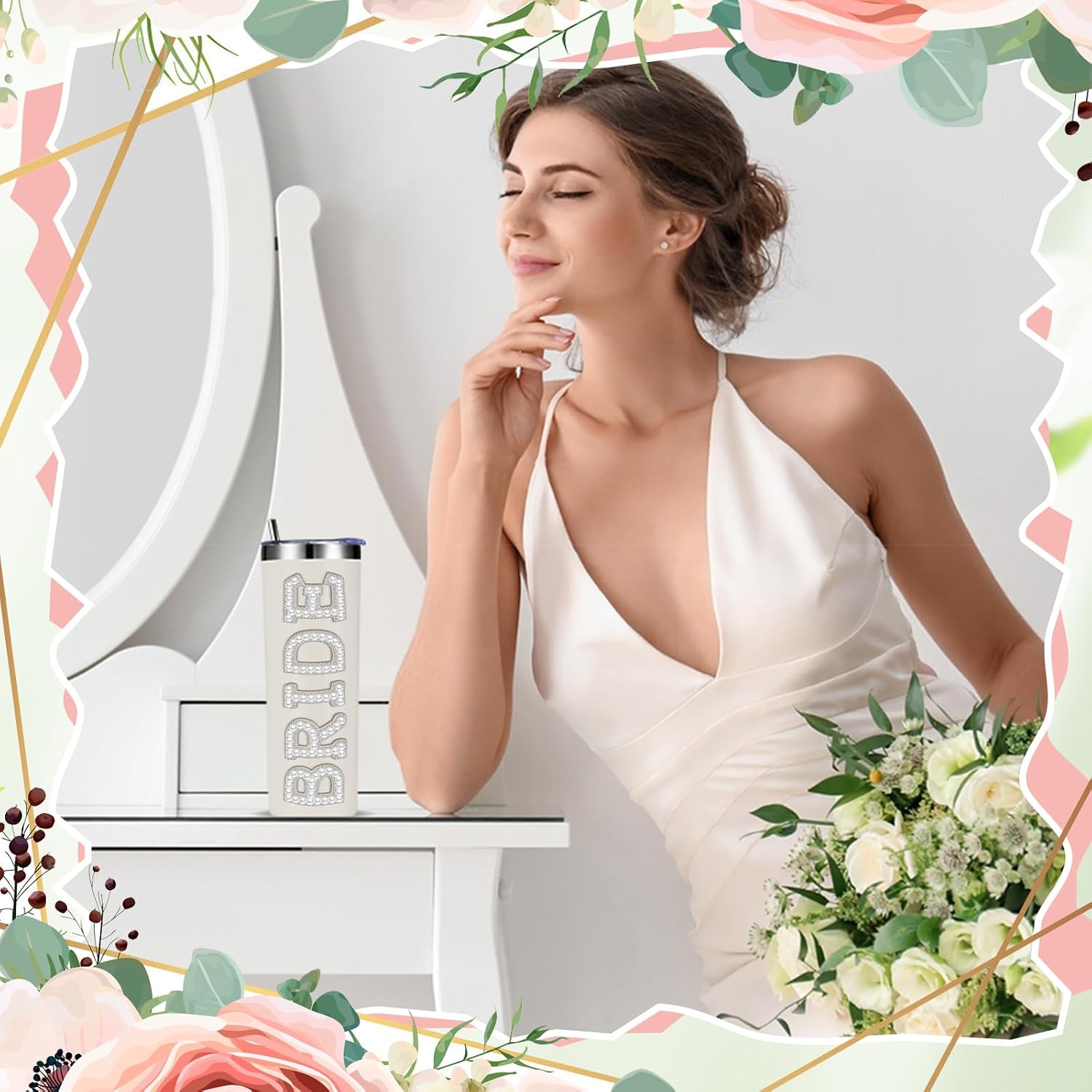 Zhehao Bride Cups Tumbler 20 oz Bachelorette Gift, White, Pearl Bride image 4