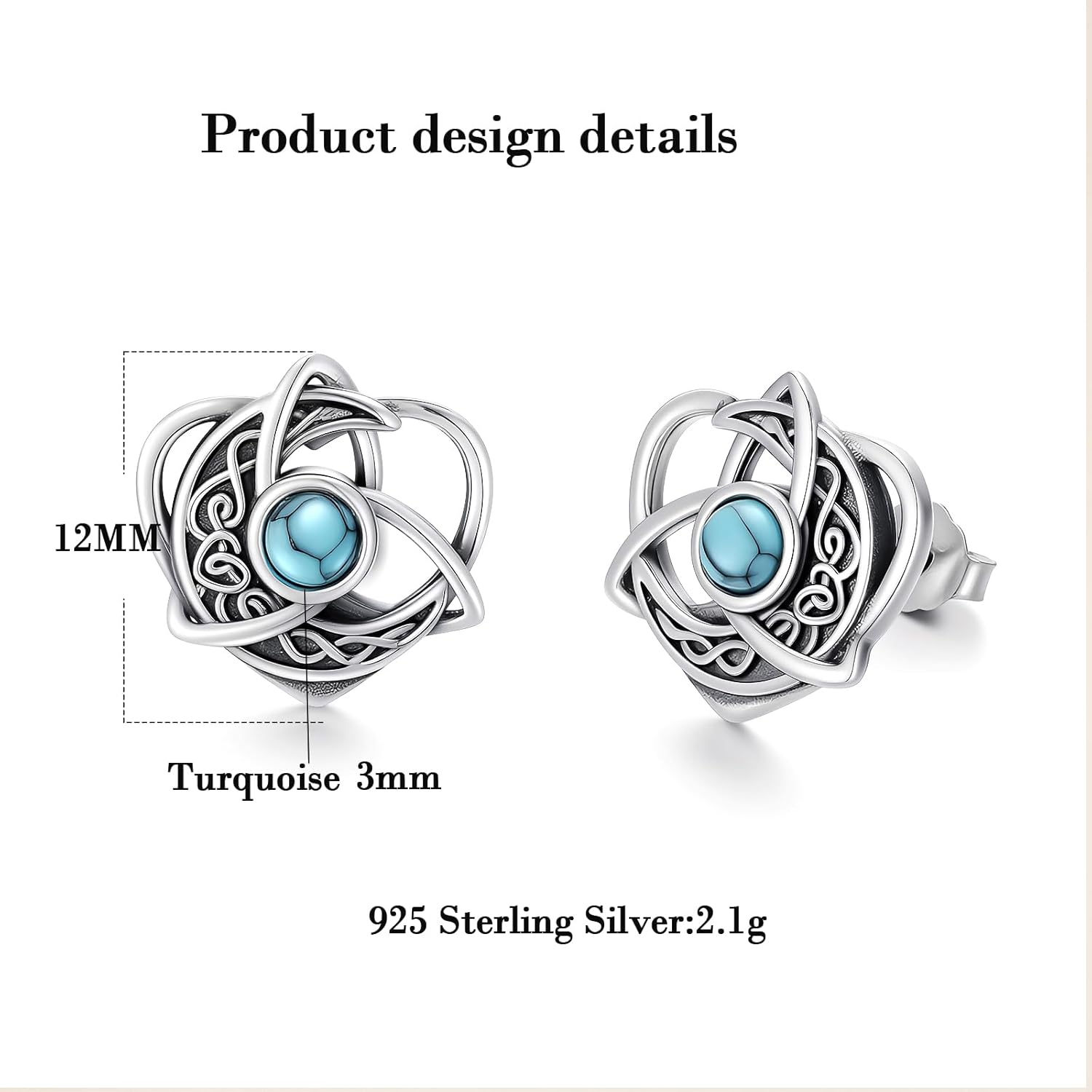 Celtic Moon Turquoise Earrings 925 Sterling Silver Hypoallergenic Crescent Celtic Heart Knot Stud Earrings with Turquoise Vintage Good Luck Irish Jewelry Birthday Mother's Day Gifts for Women - Image 3