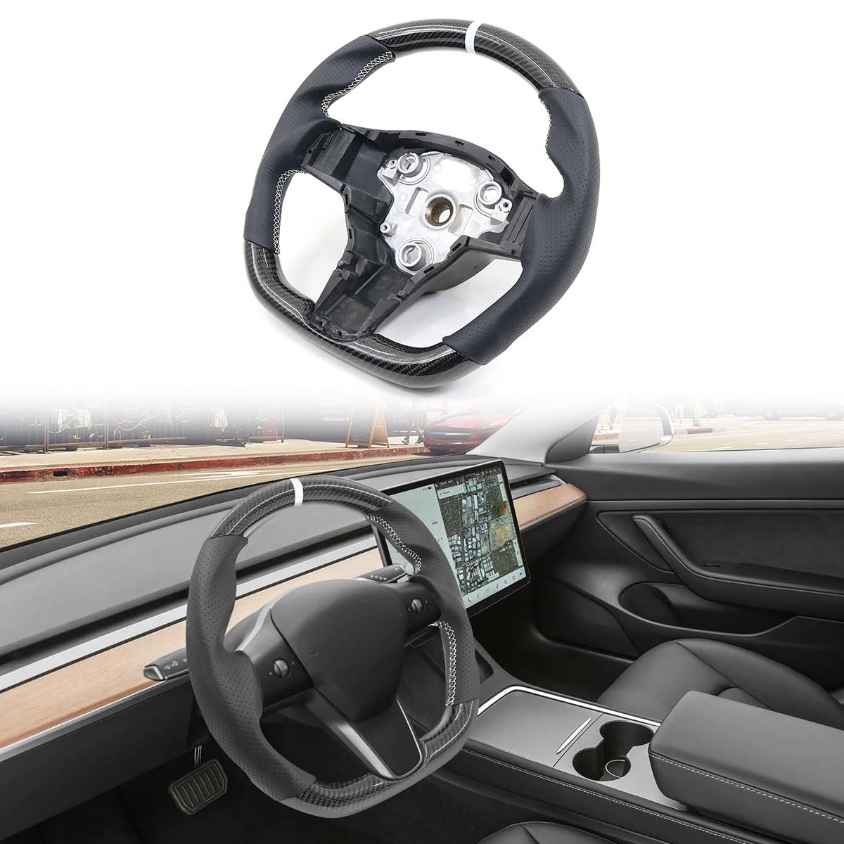 HYPER GLORY Steering Wheels Compatible With 2017-2023 Tesla Model 3, 2020-2023 Tesla Model Y, Carbon Fiber & Perforated Leather With White Stitching &