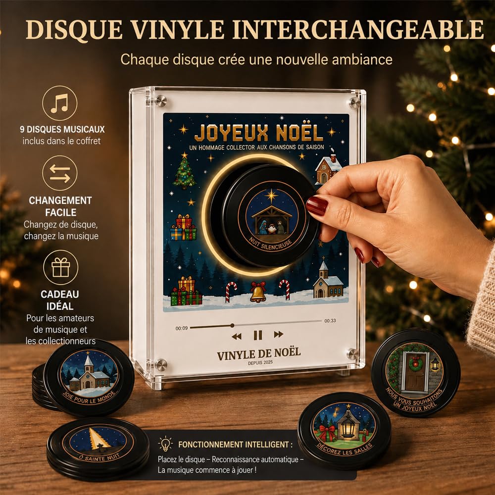 Aimant De Frigo Musical Noel,Mini Vinyle Frigo Noel,9 Disques Programmables,128 Mo De MéMoire IntéGréE,Audio Personnalisé, LumièRes LED,Commutation Facile,Chargement USB-C (B)