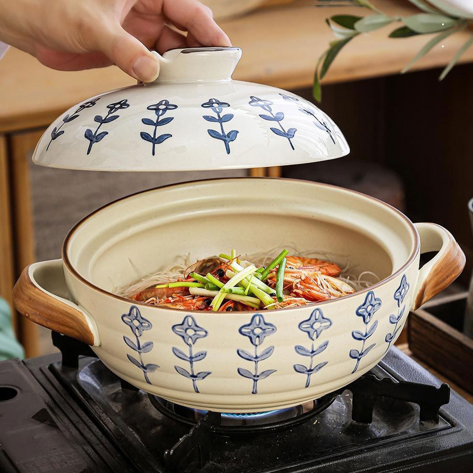 Keramikauflauf, Handgefertigter Keramiktopf für Reisgerichte, Langsames Garen, Suppen, Keramik Kochtopf mit Deckel für Eintopf, Hotpot, Familienküche Zuhause (A 1.5L)