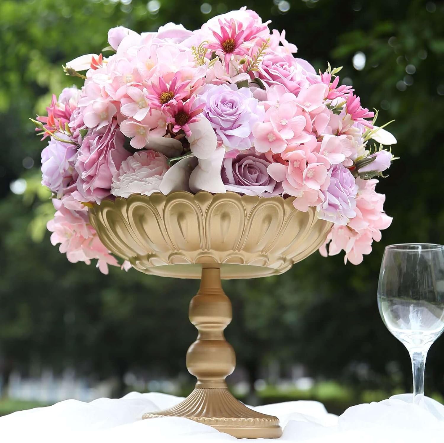 Efavormart 4 Pack Gold Metal Compote Pedestal Bowl Flower Vases in Vintage Floral Pattern, Decorative Vases Wedding Centerpieces - 10"
