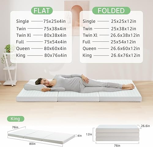 Miniatura 2 de MUUEGM Colchón plegable, colchón triple de espuma viscoelástica de 6 pulgadas, colchón plegable con funda extraíble, cubrecolchón triple para