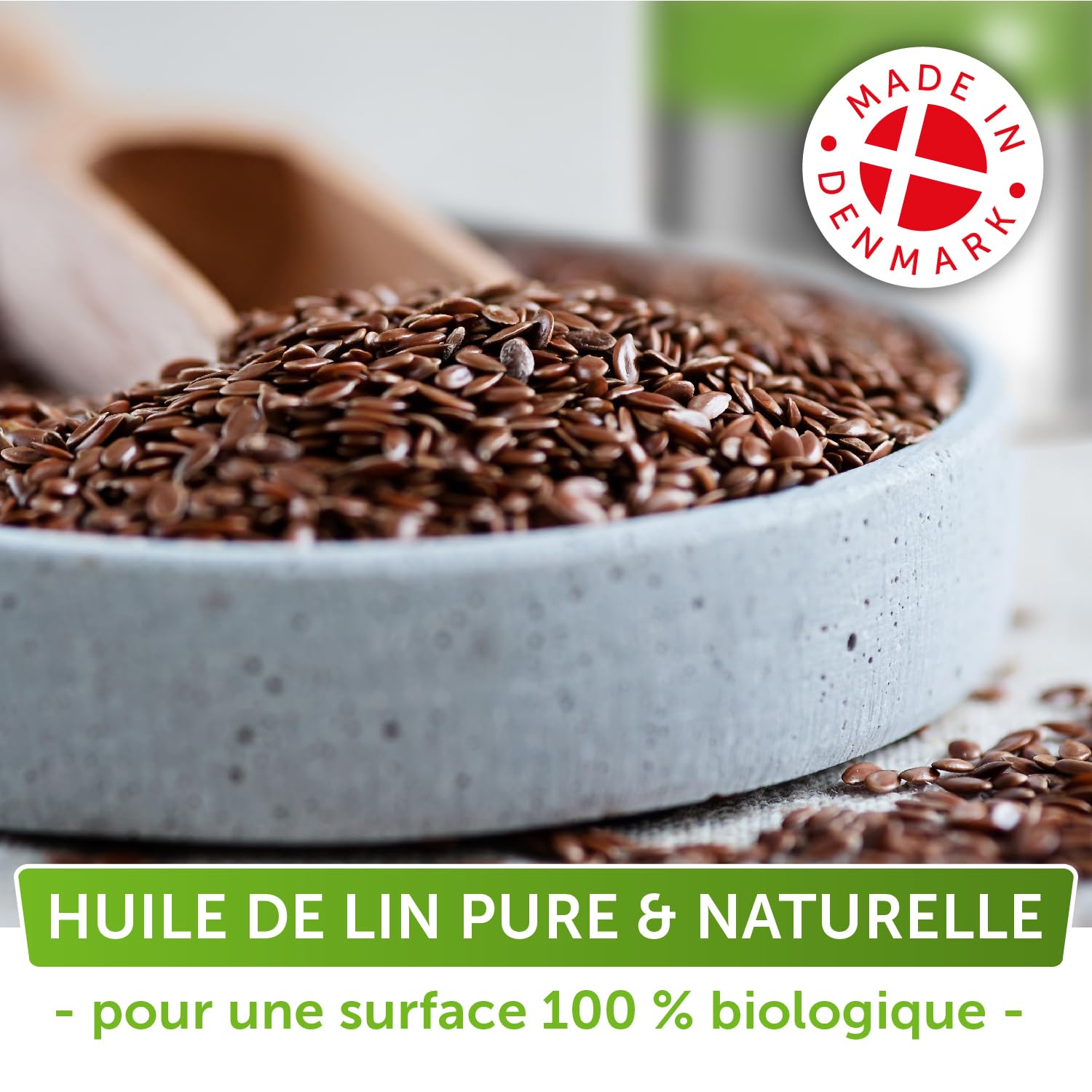 Nordicare Huile de lin pour bois – Huile de lin 100 % pure et naturelle pour meubles d'intérieur – Qualité alimentaire soulignant la structure originale – Fabriquée au Danemark (1 l)