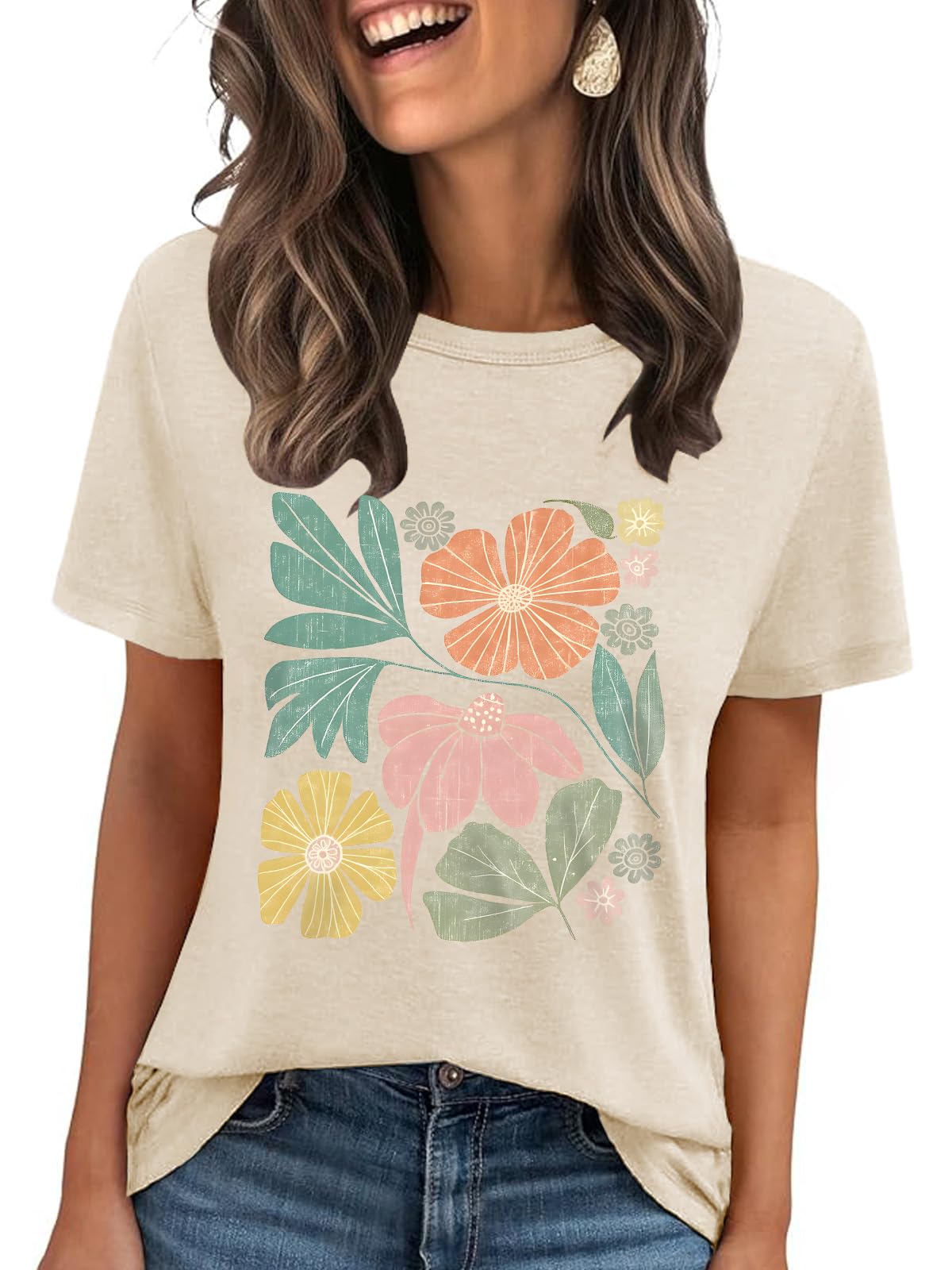 Cuptacc Tops Für Damen Tshirt Damen Sommer Oberteile Elegant Rundhals Kurzarm Casual Aprikosendruck Mittel M 38-40