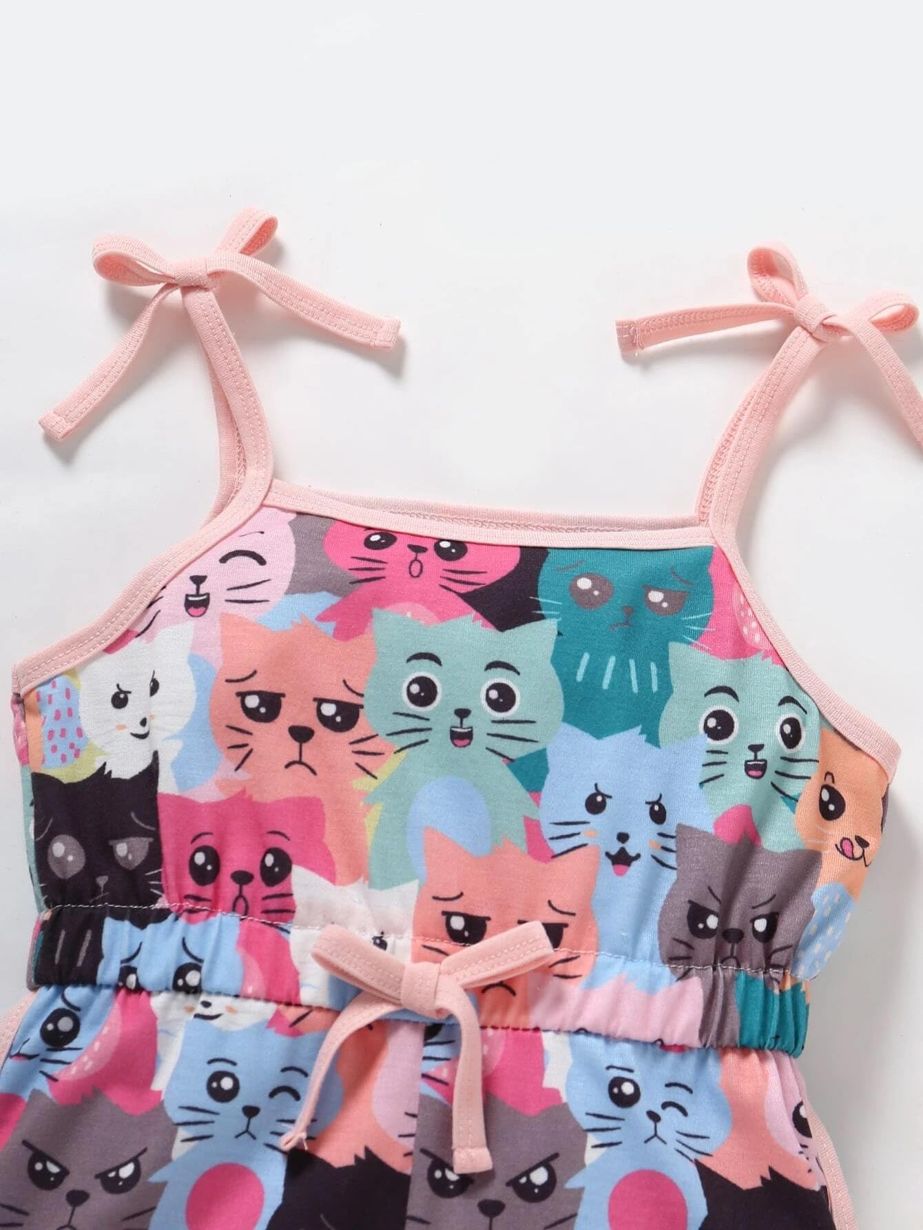 PAMBERSTON Girls' Cat Print Romper, Sleeveless Summer Jumpsuit with Shoulder Ties, Pink Multi-Colour 3