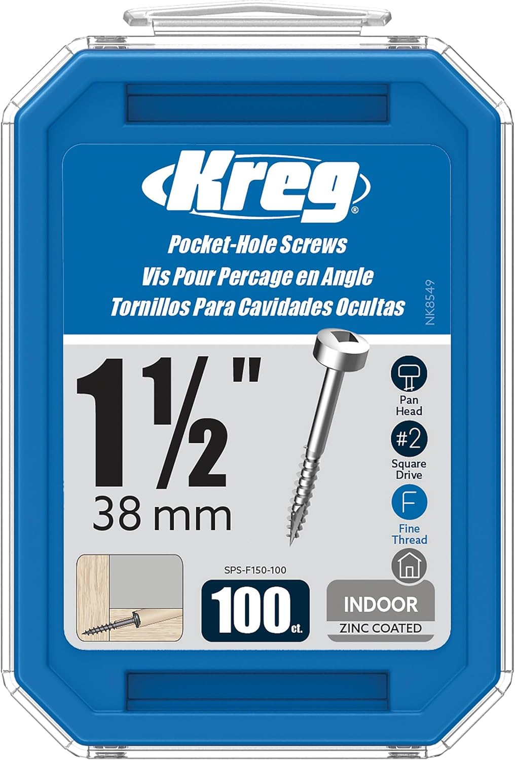 Kreg Zinc Pocket-Hole Screws - SPS-F150-100 - 1-1/2-Inch - Fine Thread - Pan Head - Indoor - 100 Count