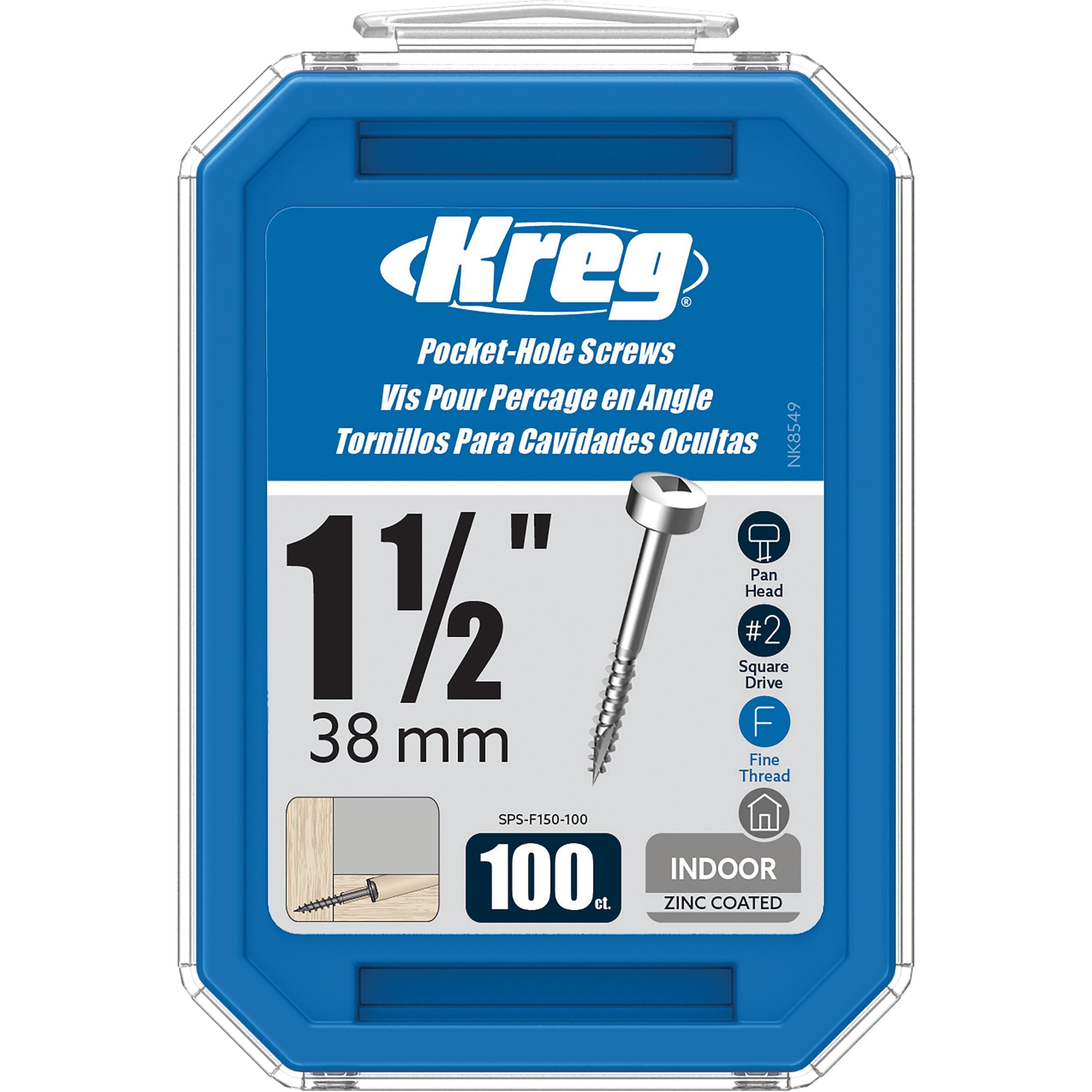 Vis à tête cylindrique Kreg 3,8 cm filetage fin pour assemblages précis Lot de 100