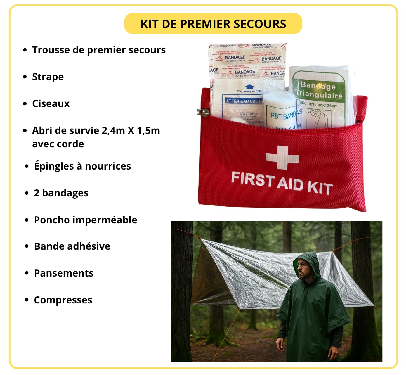Safe&Ready Kit de Survie avec Hache, Couteau Pliant, Lampe Dynamo, Trousse de Secours, Abri, Poncho, Allume-feu, Scie Câble pour Outdoor, Randonnée, Urgence, Bushcraft