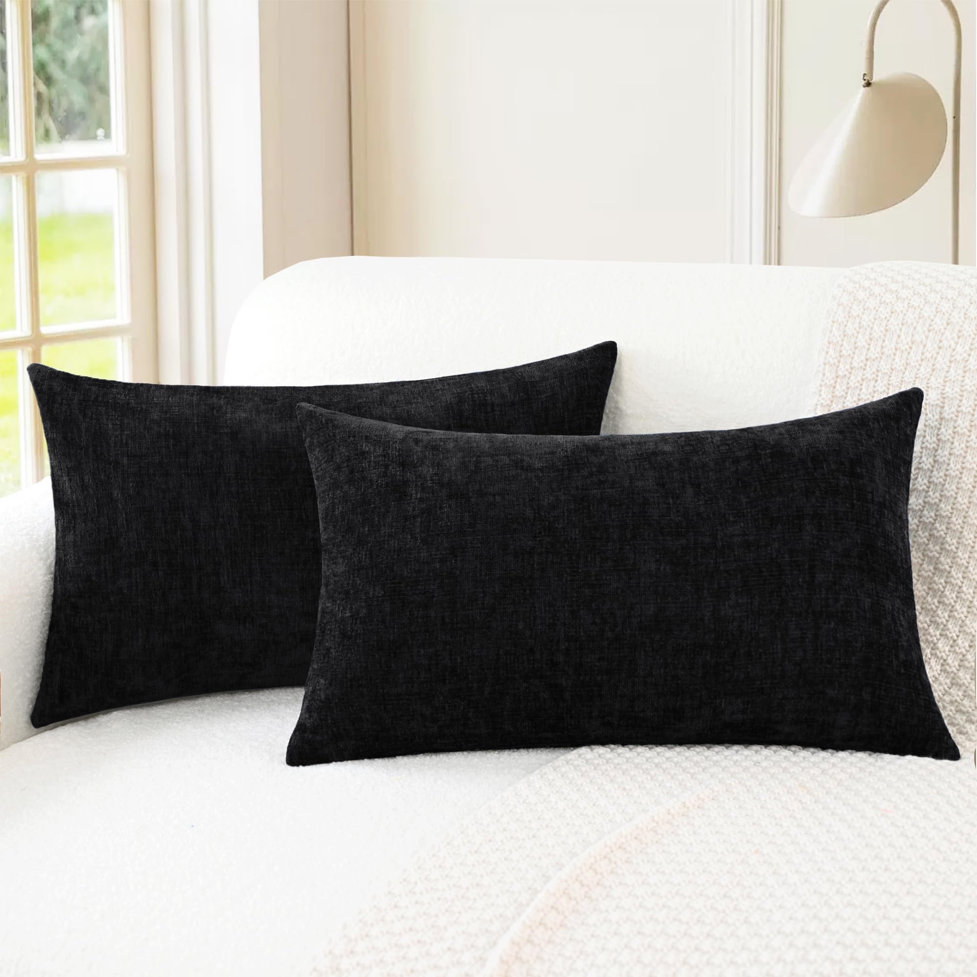 CaliTime Pack of 2 Cozy Throw Pillow Covers Cases for Couch Sofa Home Decoration Solid Dyed Soft Chenille 40cm X 66cm Black โ image 1